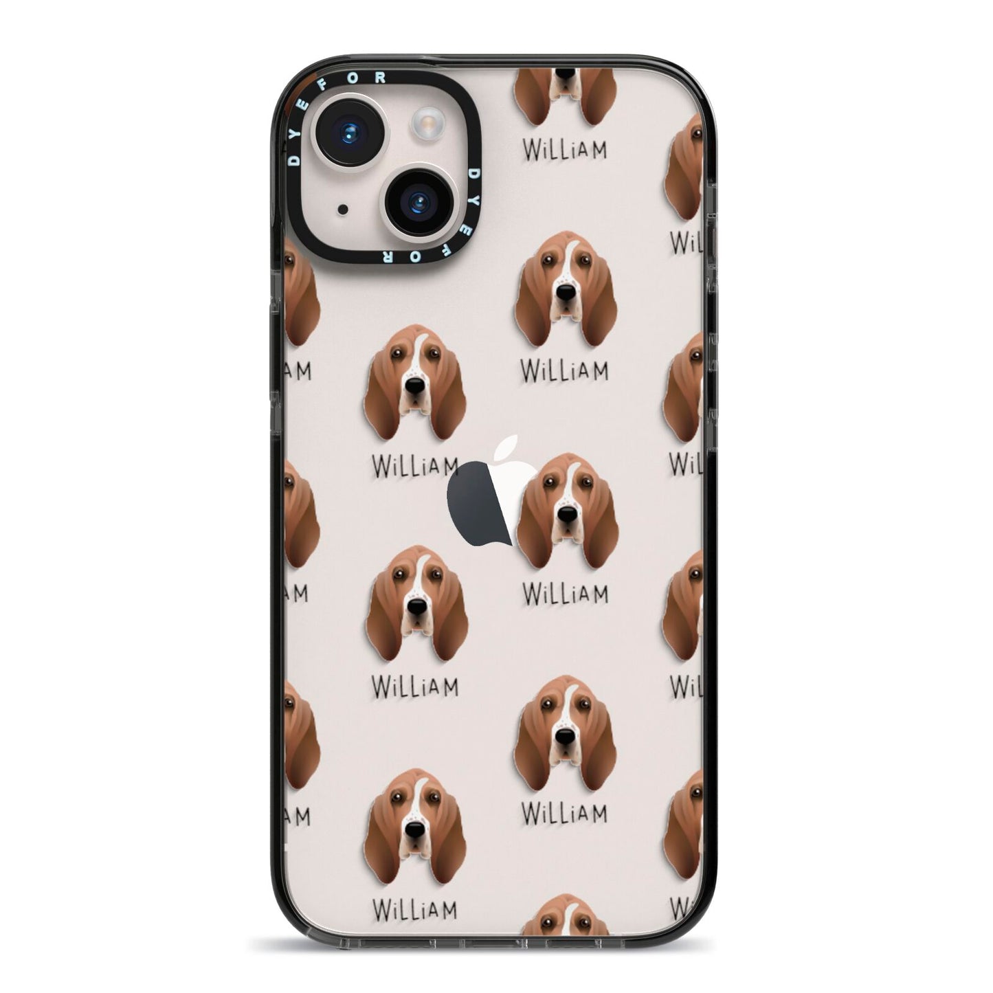 Basset Hound Icon with Name iPhone 14 Plus Black Impact Case on Silver phone