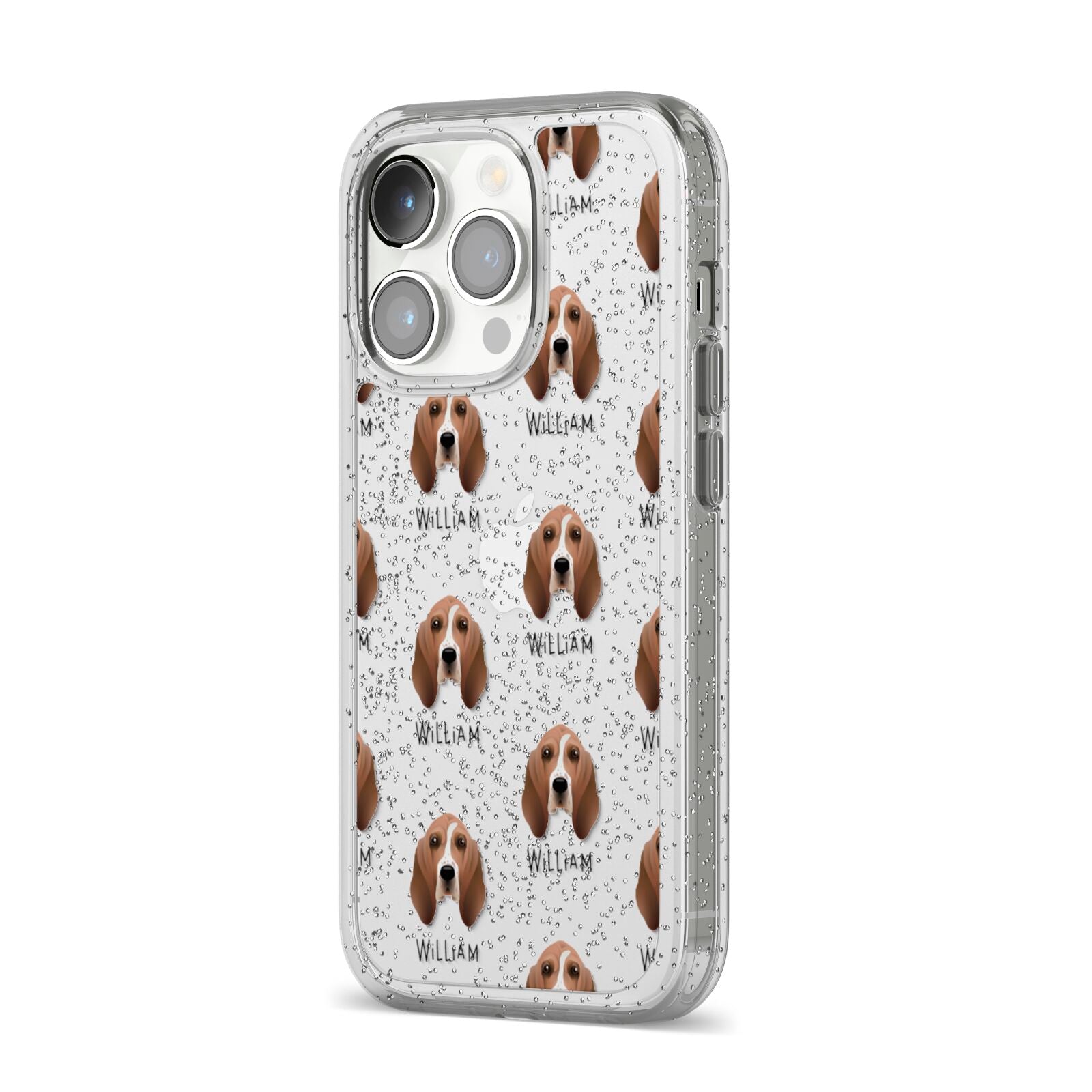 Basset Hound Icon with Name iPhone 14 Pro Glitter Tough Case Silver Angled Image