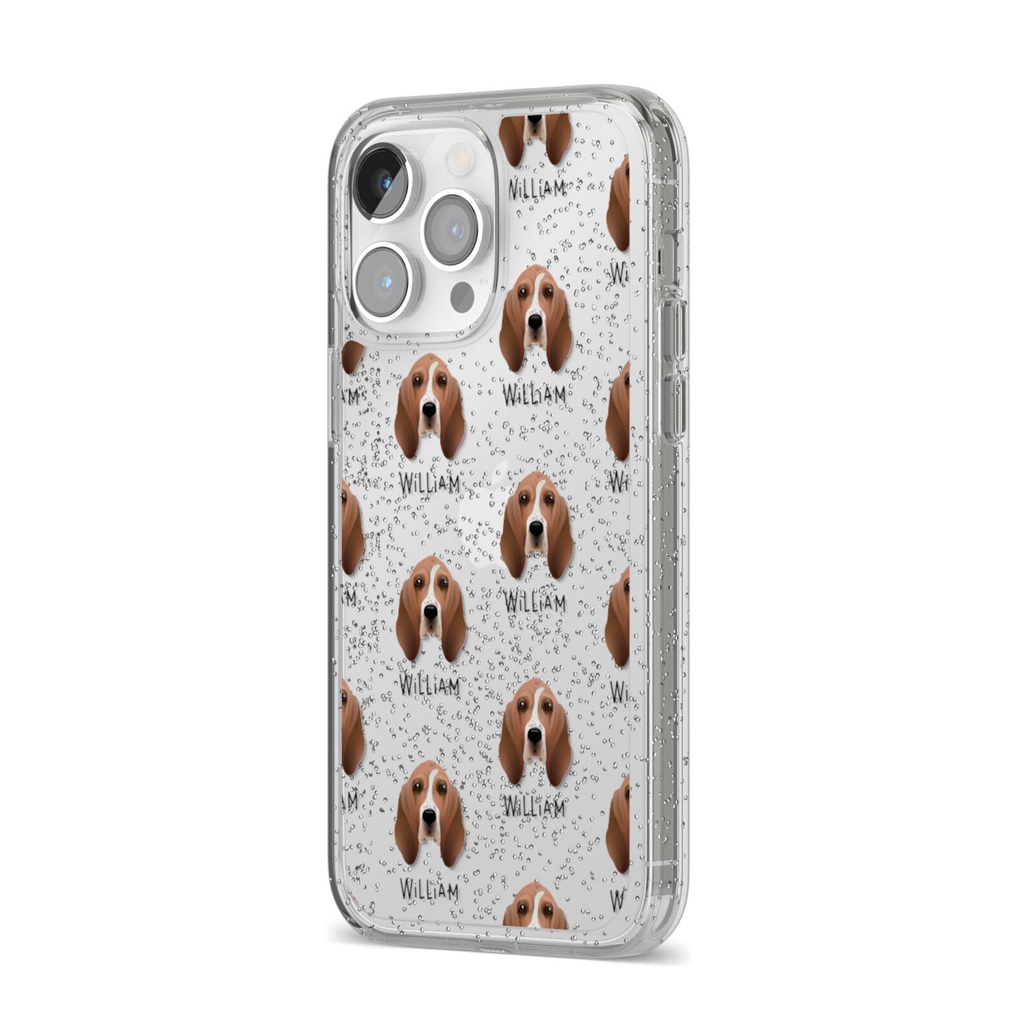 Basset Hound Icon with Name iPhone 14 Pro Max Glitter Tough Case Silver Angled Image