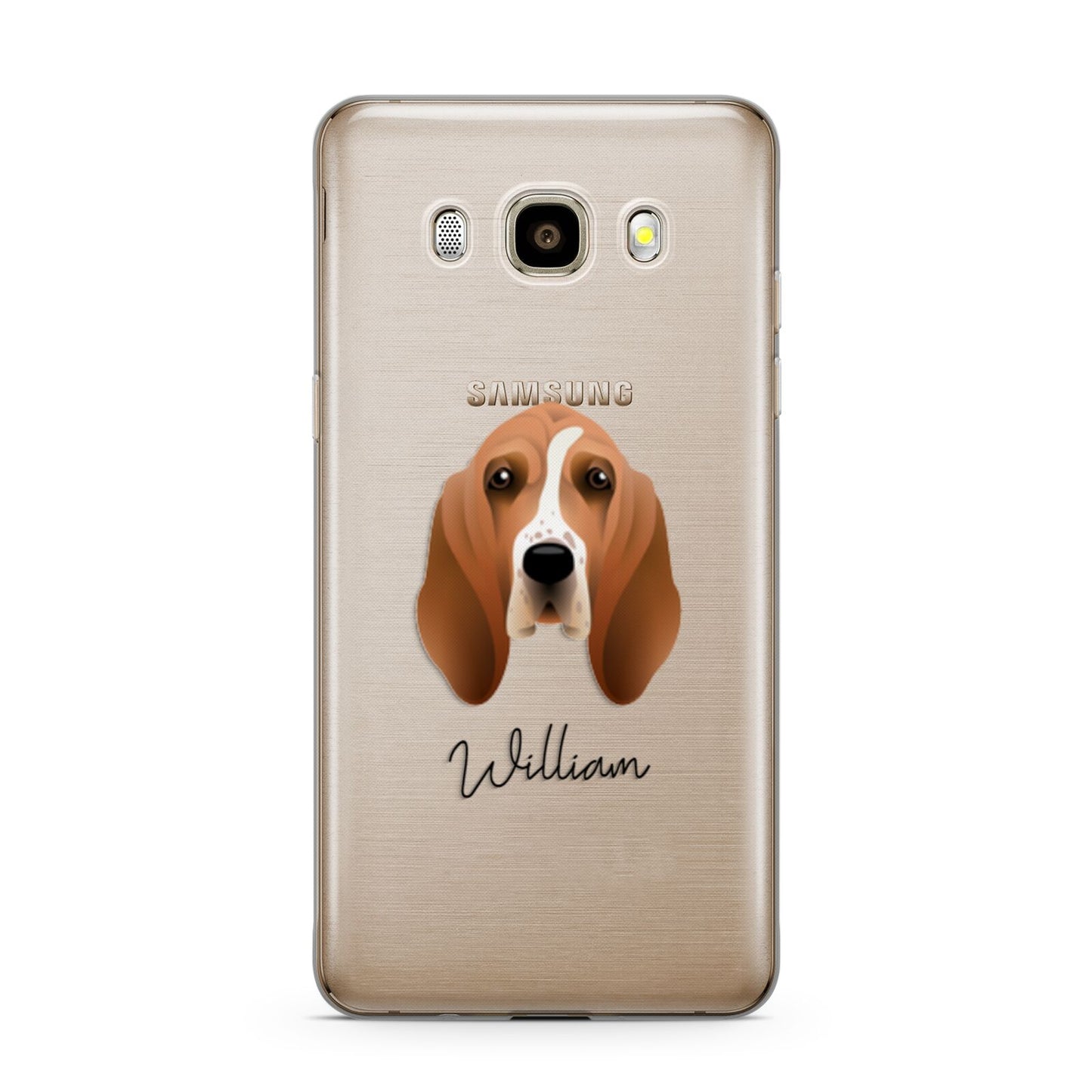 Basset Hound Personalised Samsung Galaxy J7 2016 Case on gold phone