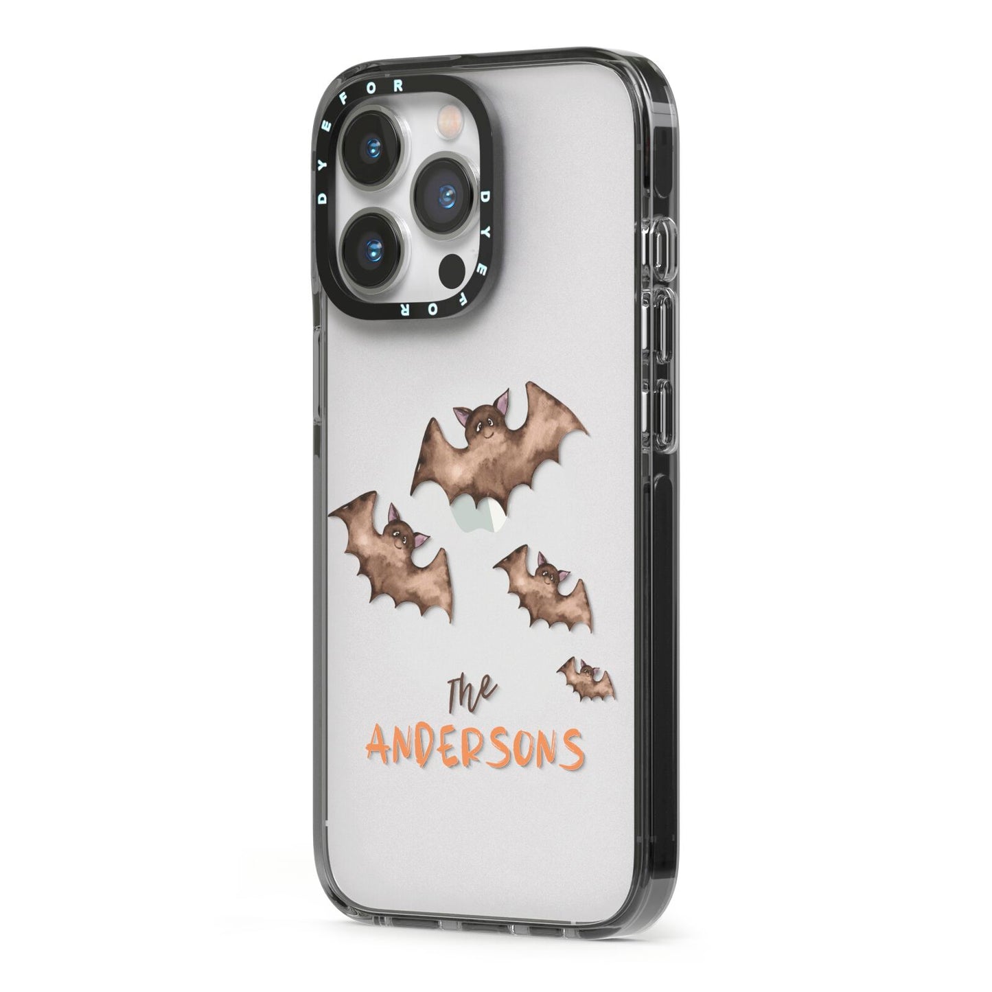 Bat Family Personalised iPhone 13 Pro Black Impact Case Side Angle on Silver phone