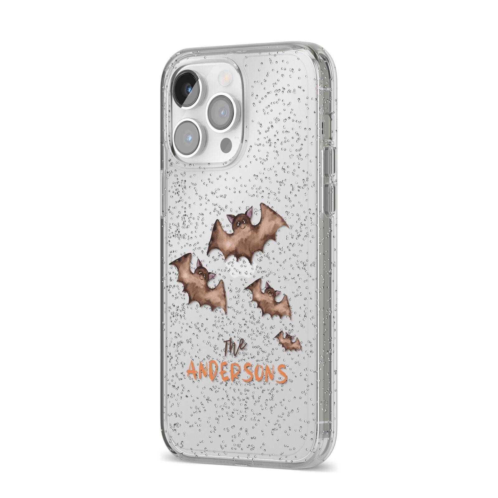 Bat Family Personalised iPhone 14 Pro Max Glitter Tough Case Silver Angled Image