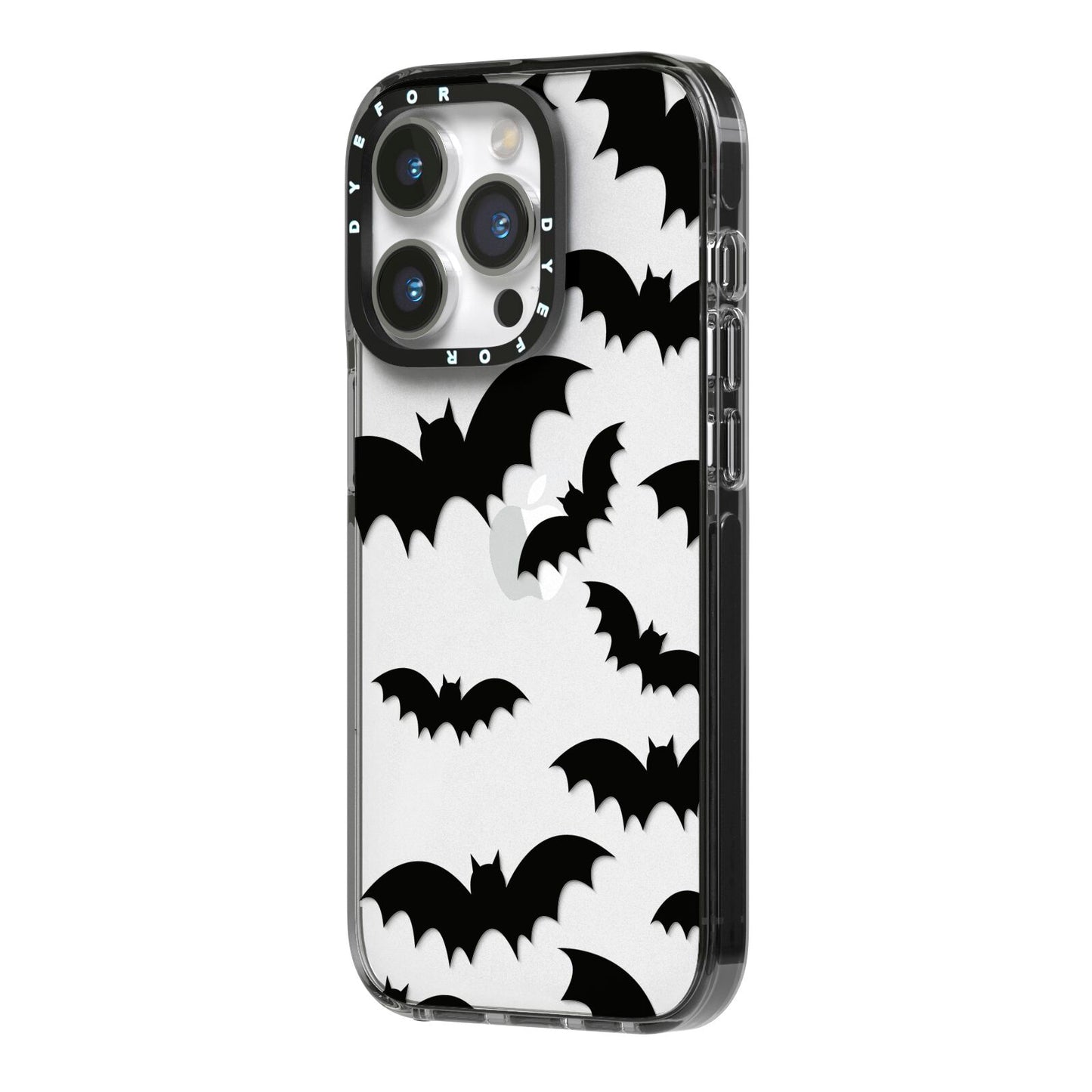 Bat Halloween Print iPhone 14 Pro Black Impact Case Side Angle on Silver phone