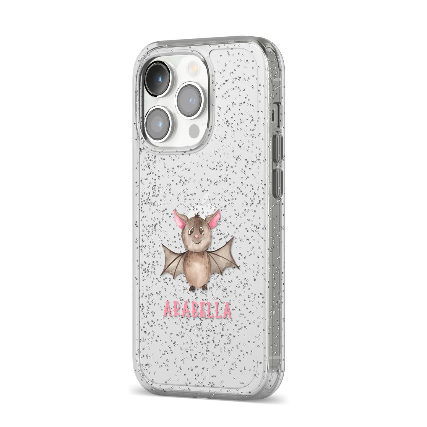 Bat Personalised iPhone 14 Pro Glitter Tough Case Silver Angled Image