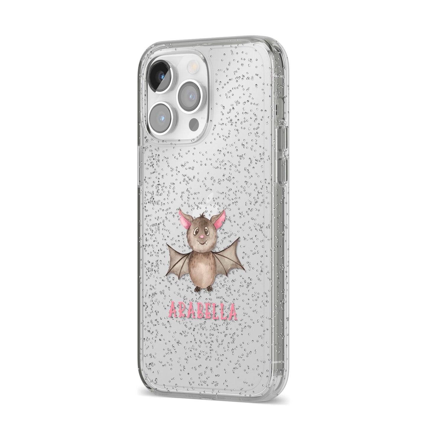 Bat Personalised iPhone 14 Pro Max Glitter Tough Case Silver Angled Image