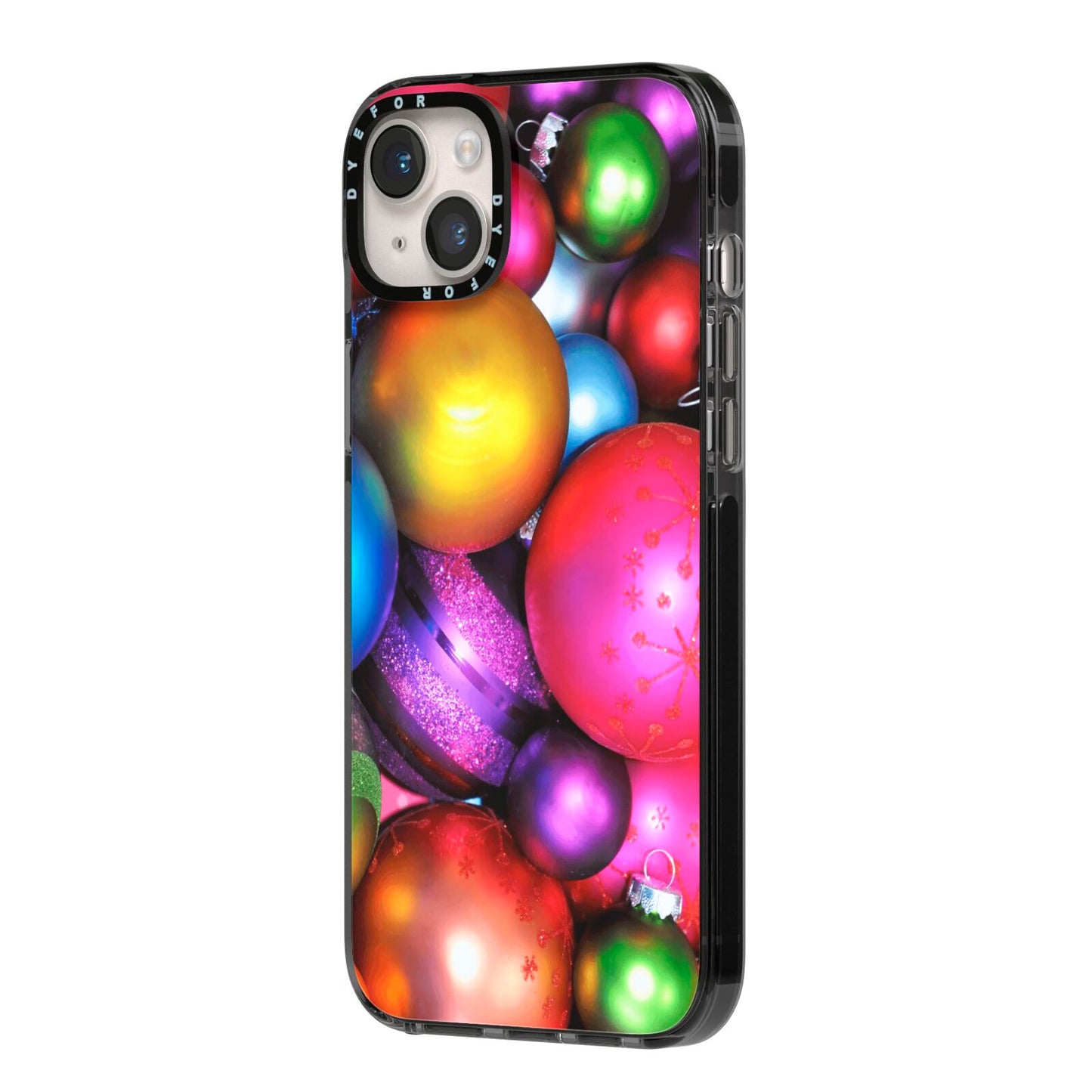 Bauble iPhone 14 Plus Black Impact Case Side Angle on Silver phone