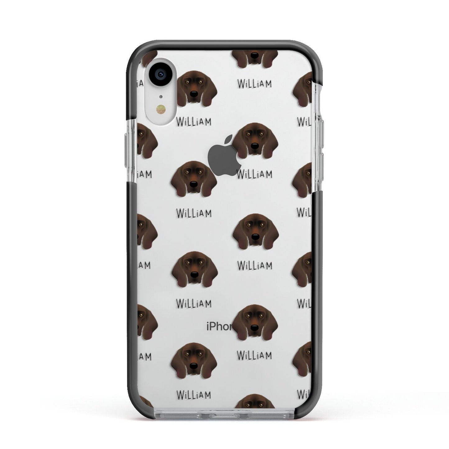Bavarian Mountain Hound Icon with Name Apple iPhone XR Impact Case Black Edge on Silver Phone