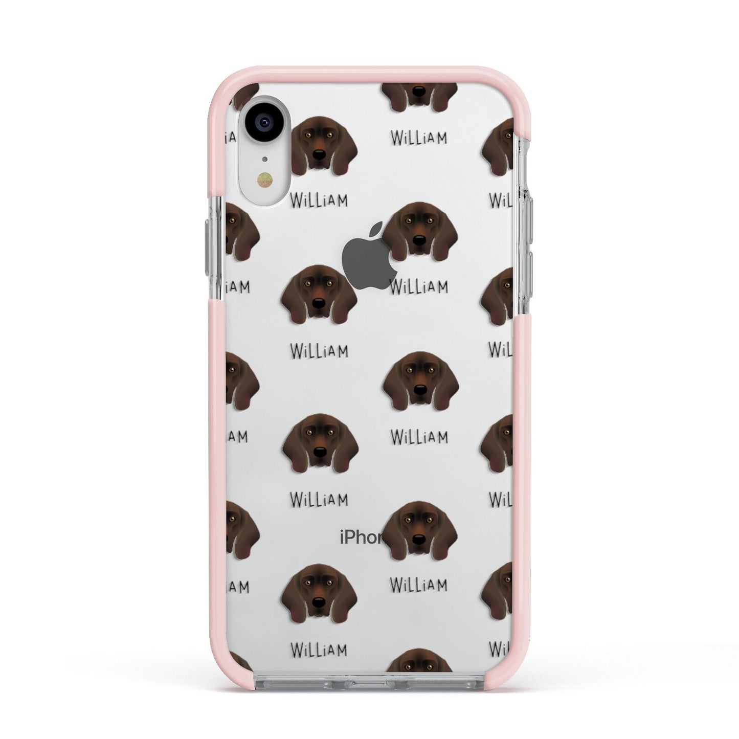 Bavarian Mountain Hound Icon with Name Apple iPhone XR Impact Case Pink Edge on Silver Phone