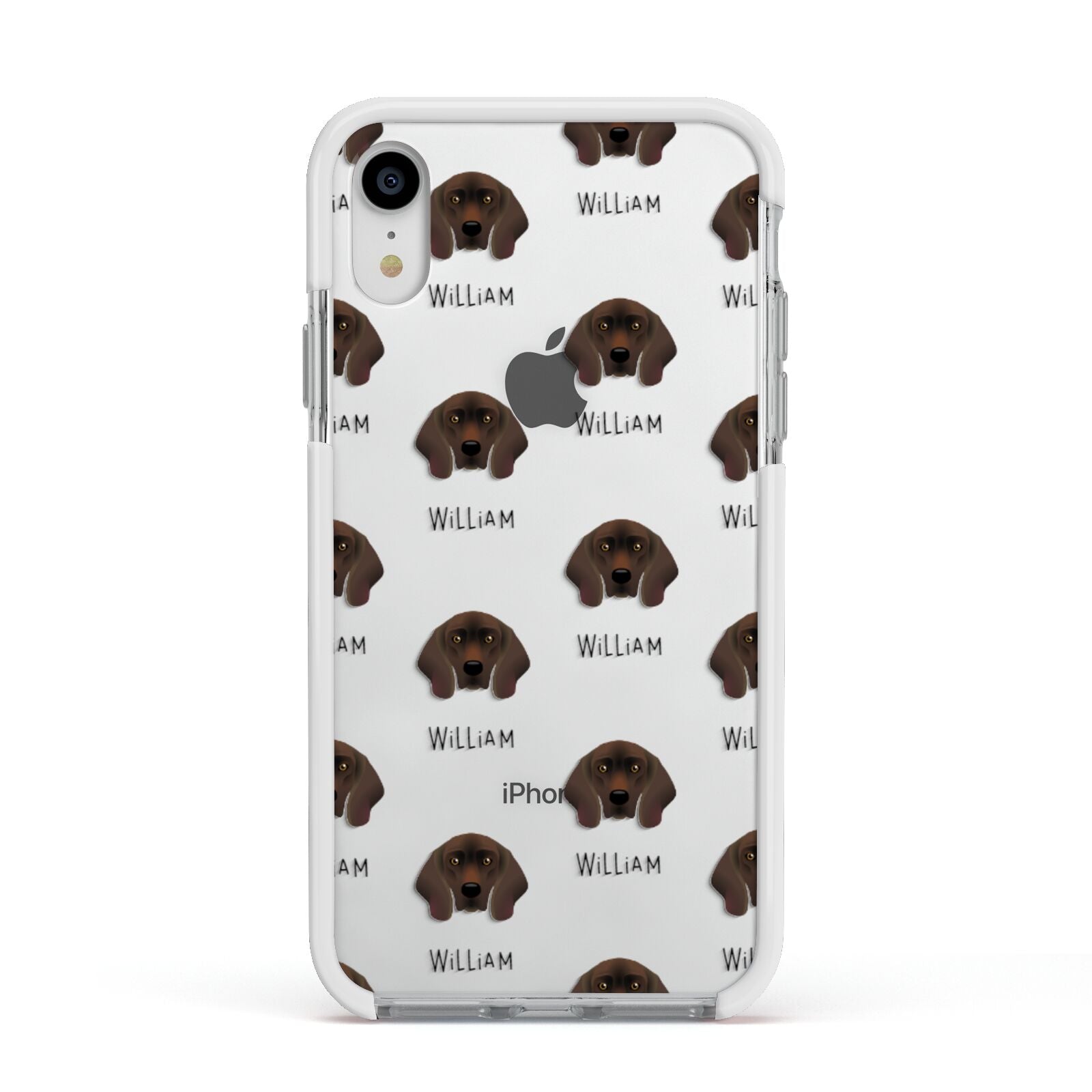 Bavarian Mountain Hound Icon with Name Apple iPhone XR Impact Case White Edge on Silver Phone