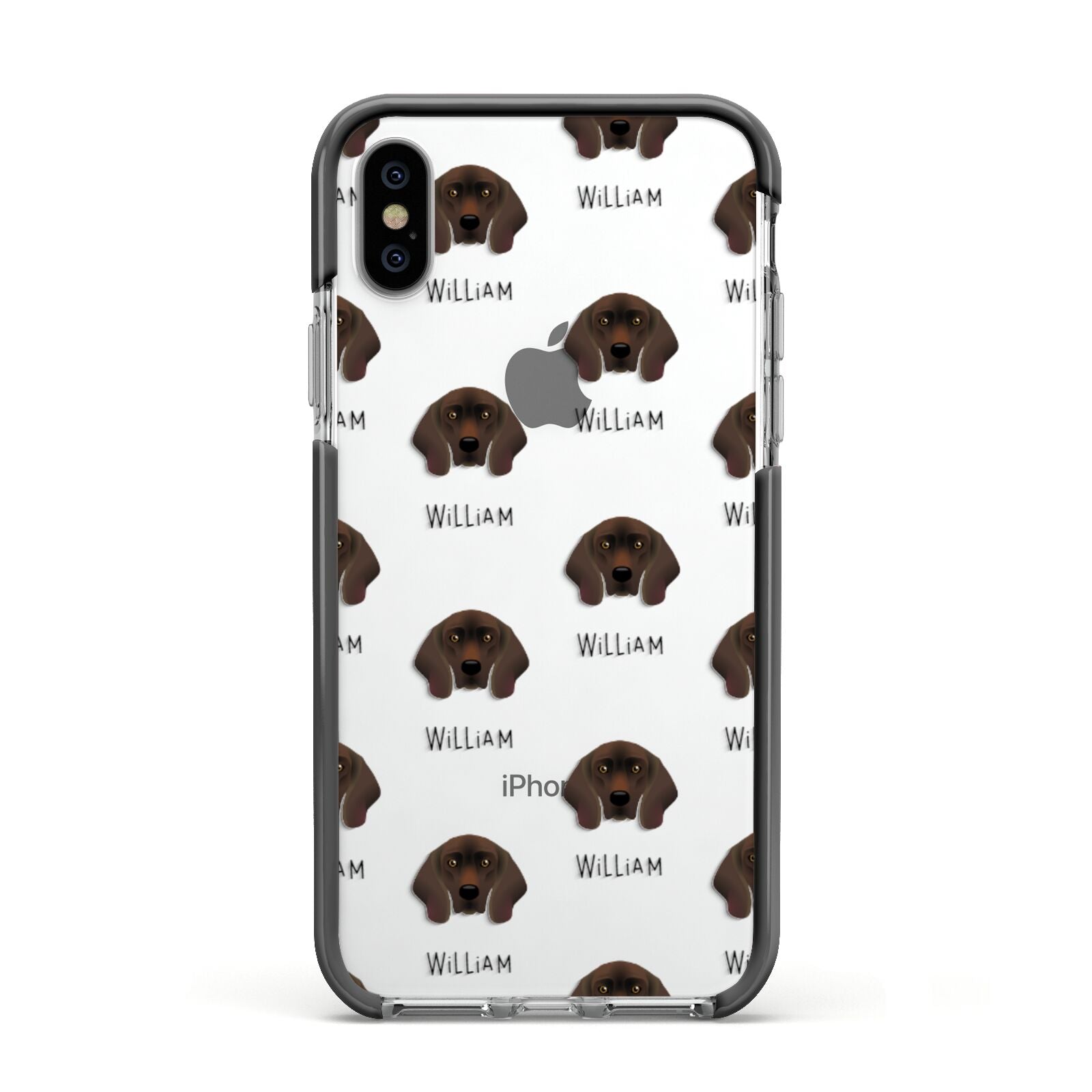 Bavarian Mountain Hound Icon with Name Apple iPhone Xs Impact Case Black Edge on Silver Phone