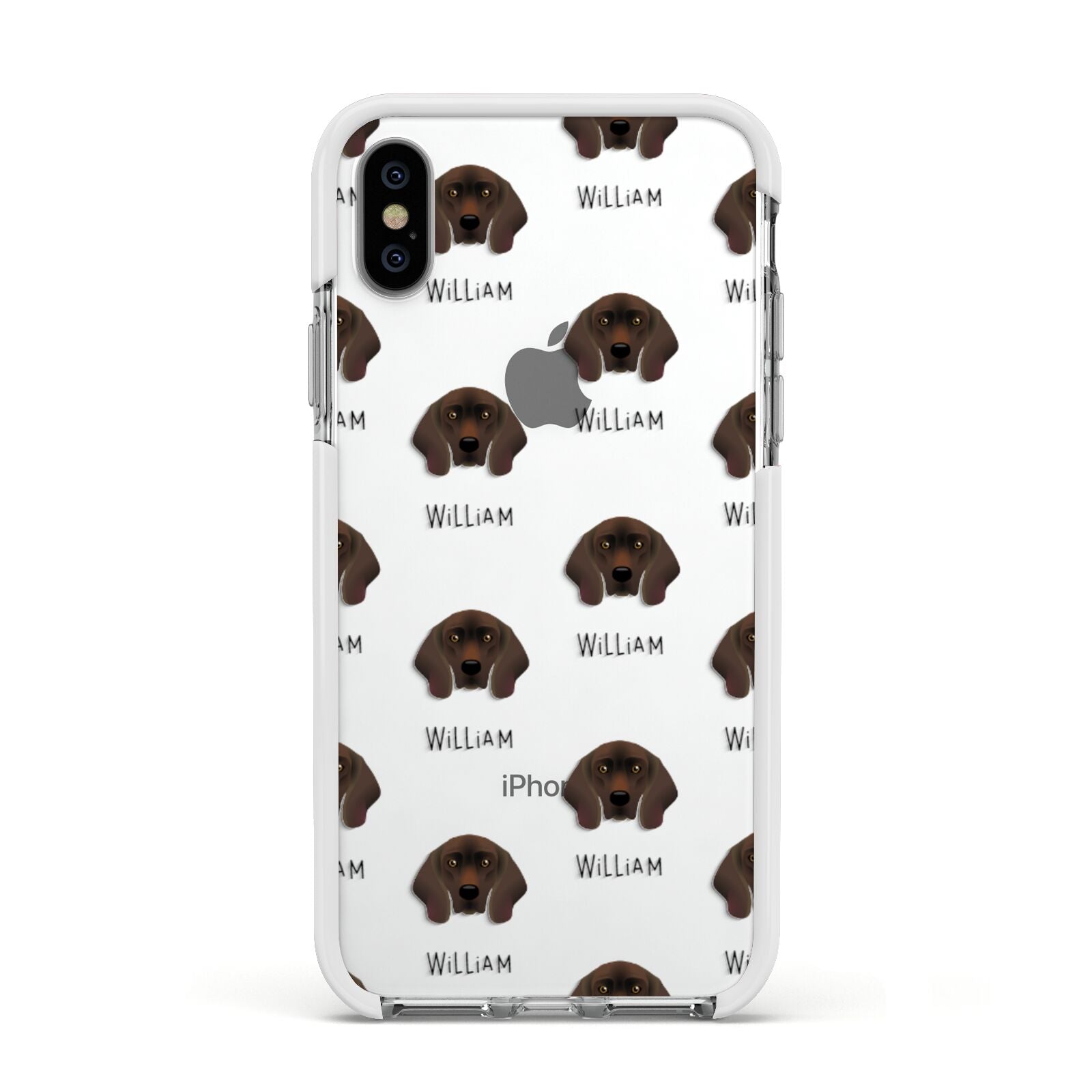 Bavarian Mountain Hound Icon with Name Apple iPhone Xs Impact Case White Edge on Silver Phone