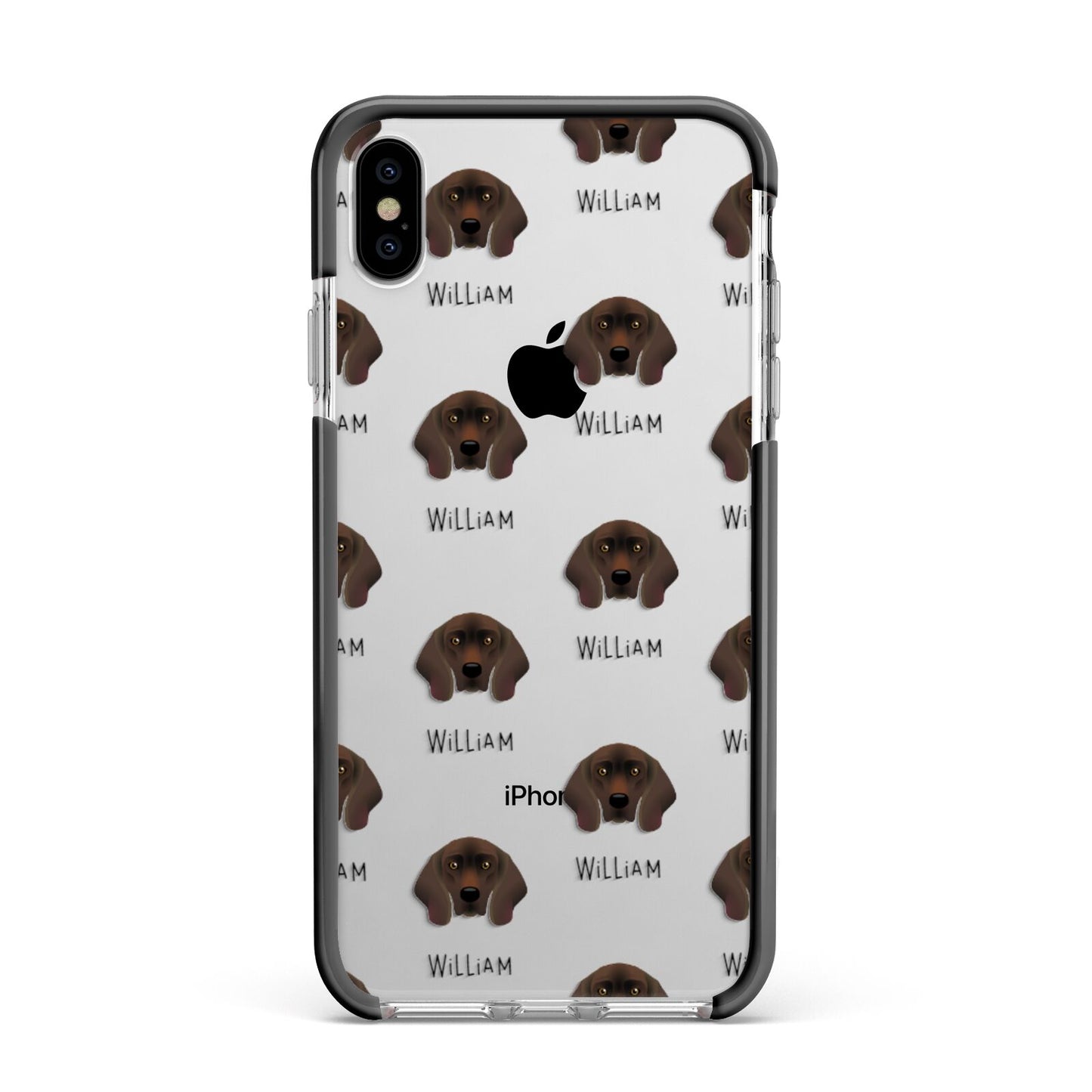Bavarian Mountain Hound Icon with Name Apple iPhone Xs Max Impact Case Black Edge on Silver Phone
