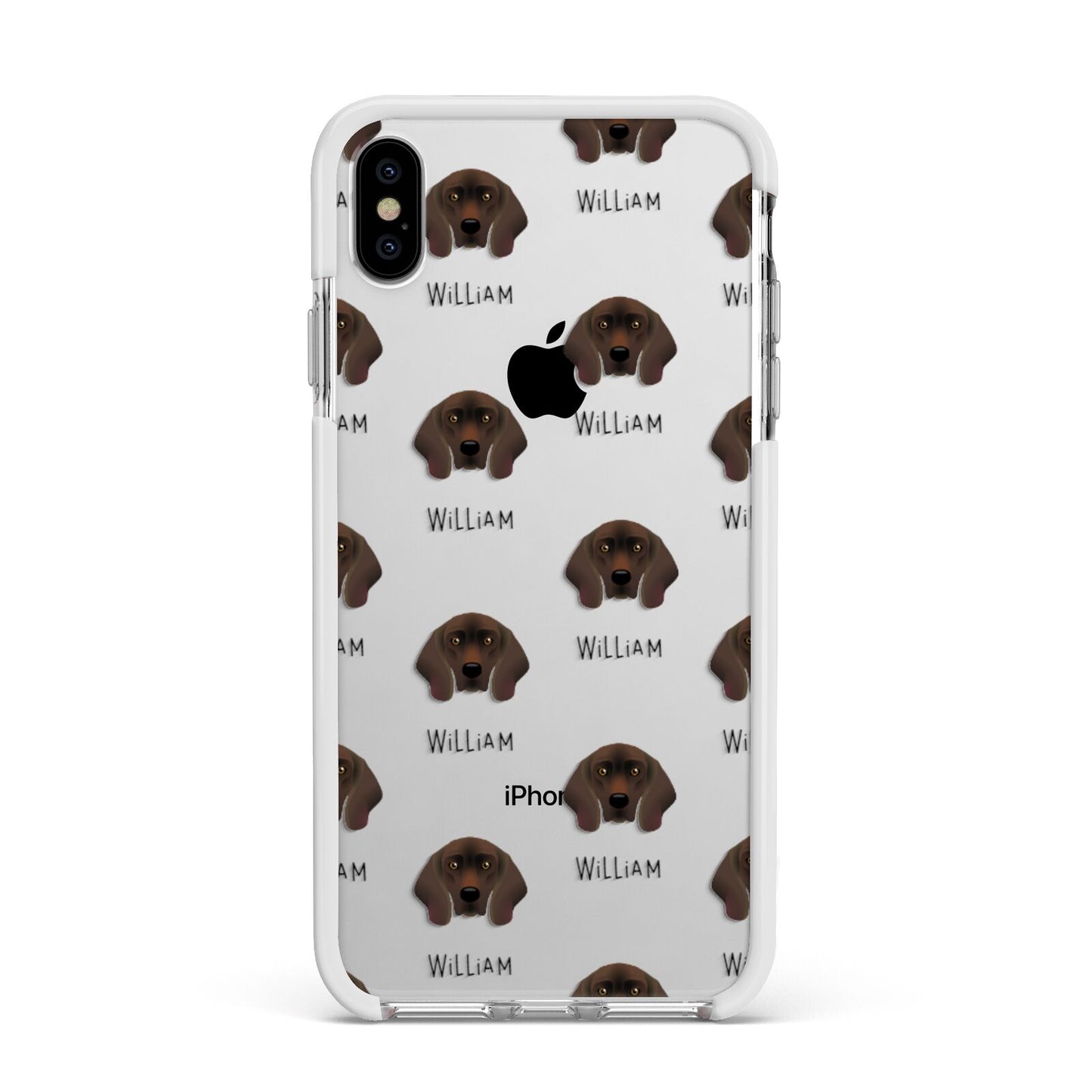 Bavarian Mountain Hound Icon with Name Apple iPhone Xs Max Impact Case White Edge on Silver Phone