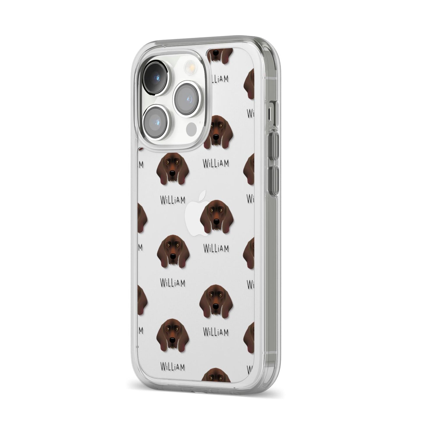 Bavarian Mountain Hound Icon with Name iPhone 14 Pro Clear Tough Case Silver Angled Image