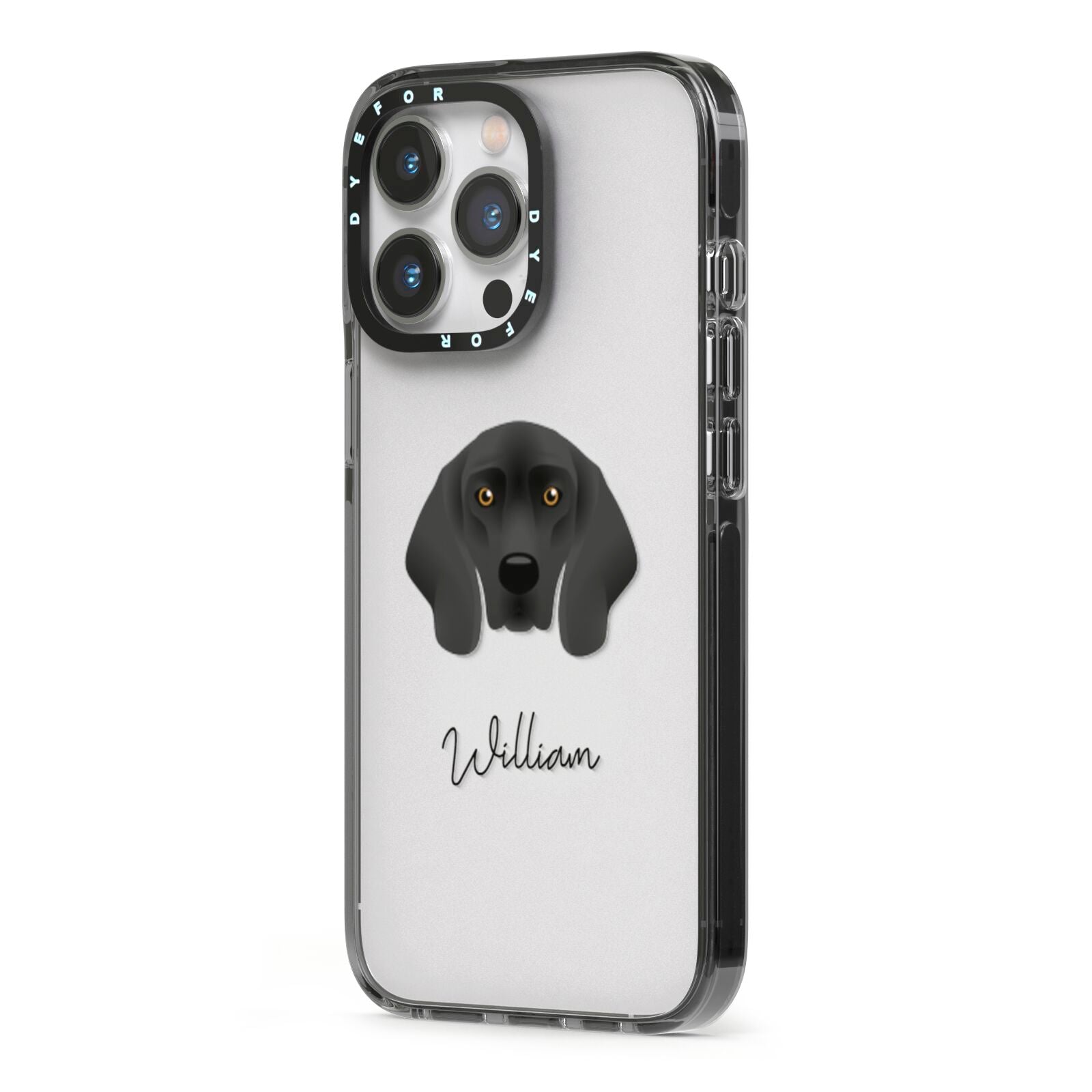 Bavarian Mountain Hound Personalised iPhone 13 Pro Black Impact Case Side Angle on Silver phone