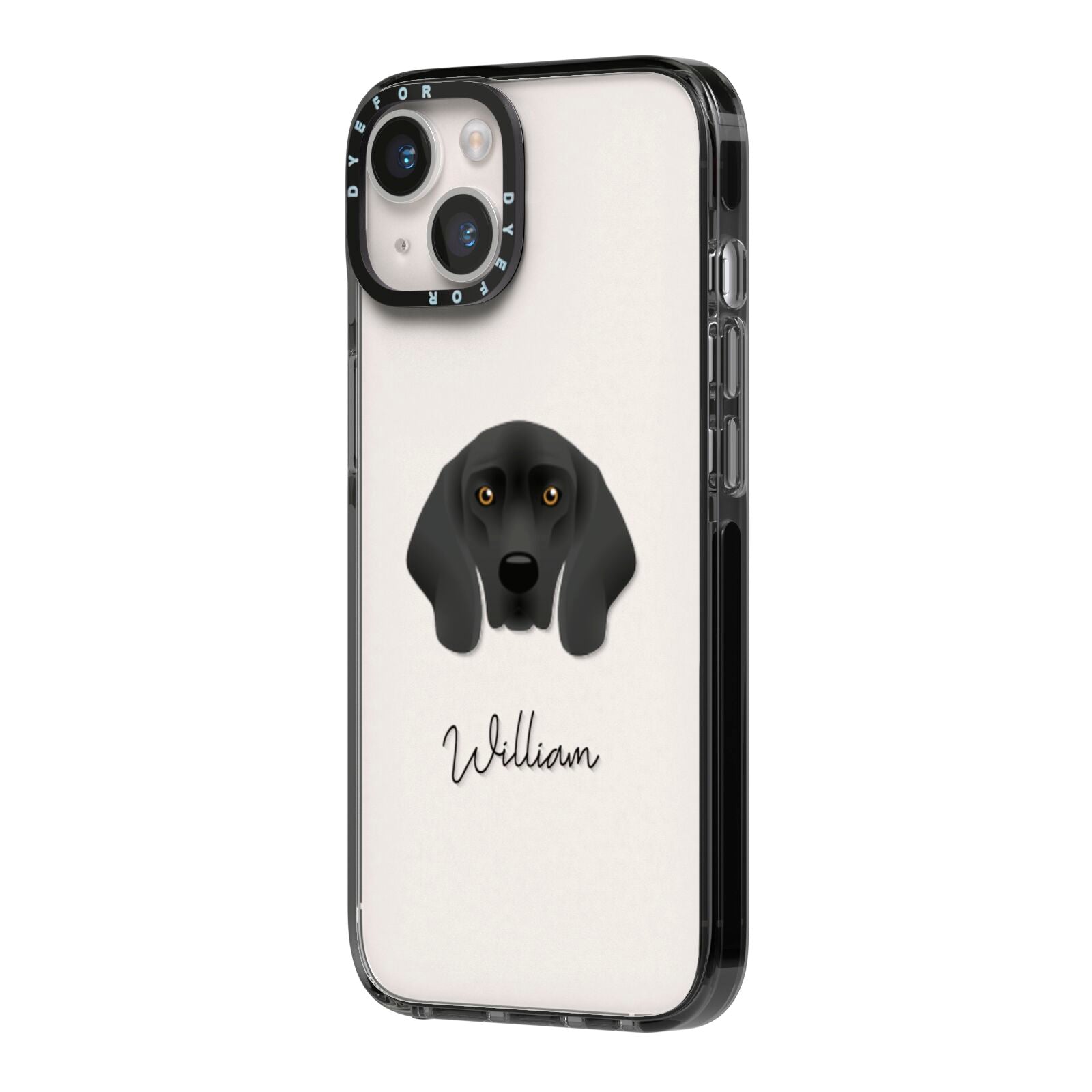 Bavarian Mountain Hound Personalised iPhone 14 Black Impact Case Side Angle on Silver phone