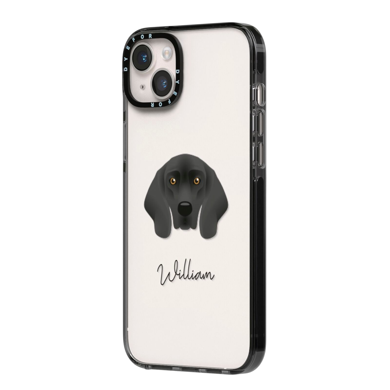 Bavarian Mountain Hound Personalised iPhone 14 Plus Black Impact Case Side Angle on Silver phone