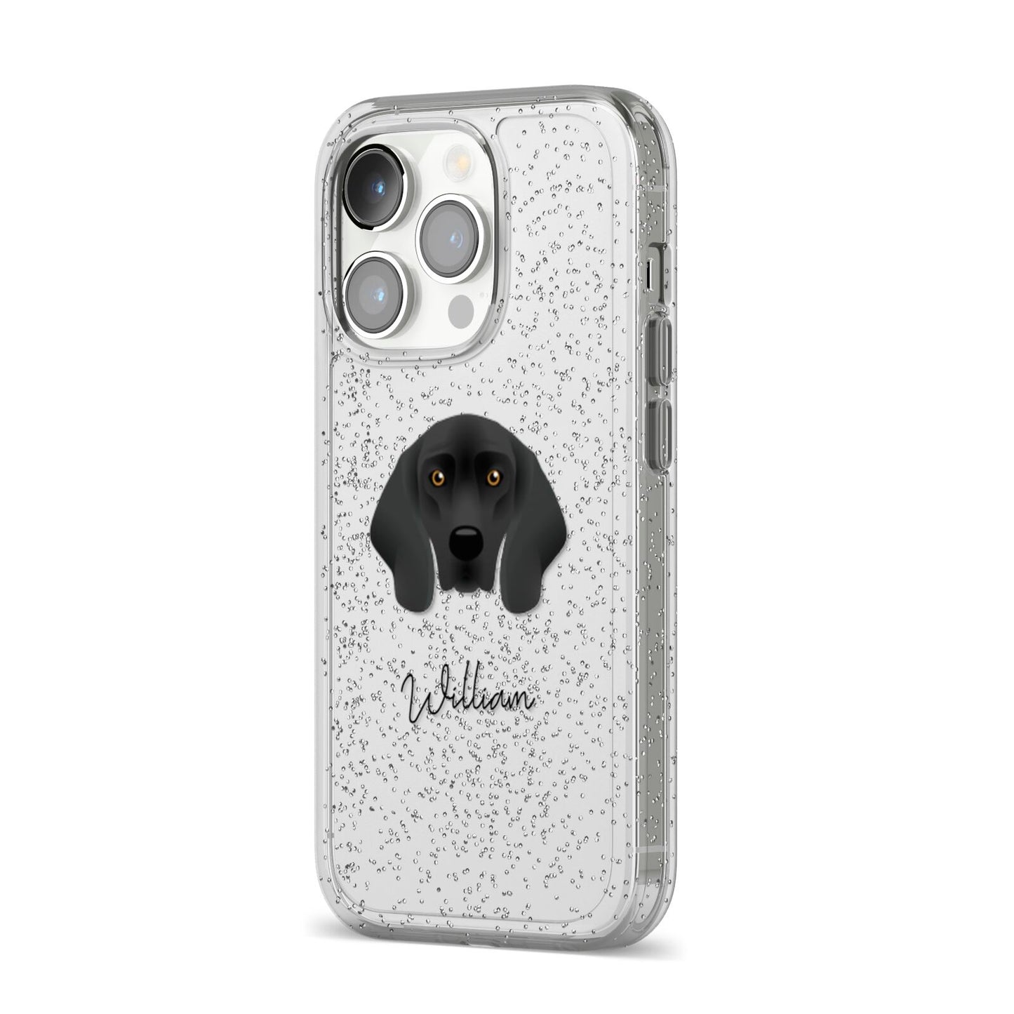 Bavarian Mountain Hound Personalised iPhone 14 Pro Glitter Tough Case Silver Angled Image