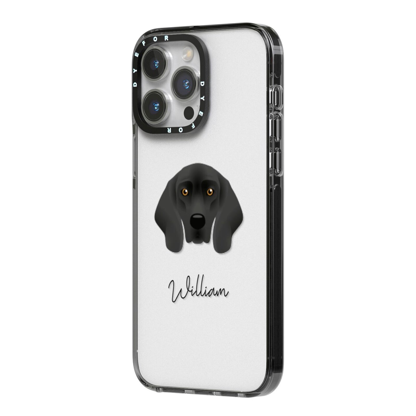 Bavarian Mountain Hound Personalised iPhone 14 Pro Max Black Impact Case Side Angle on Silver phone