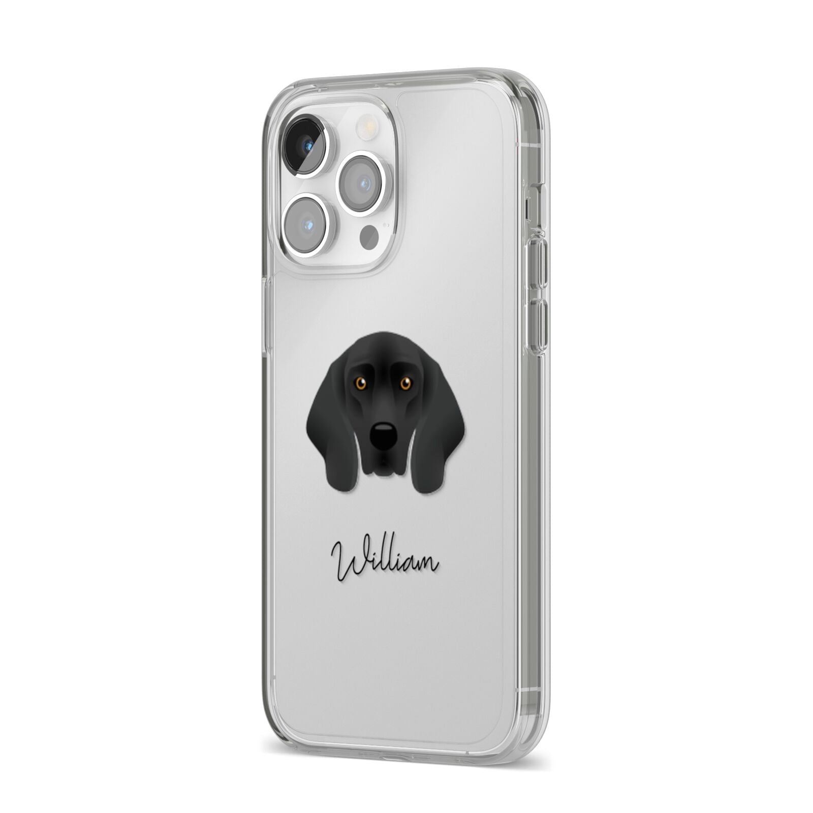 Bavarian Mountain Hound Personalised iPhone 14 Pro Max Clear Tough Case Silver Angled Image