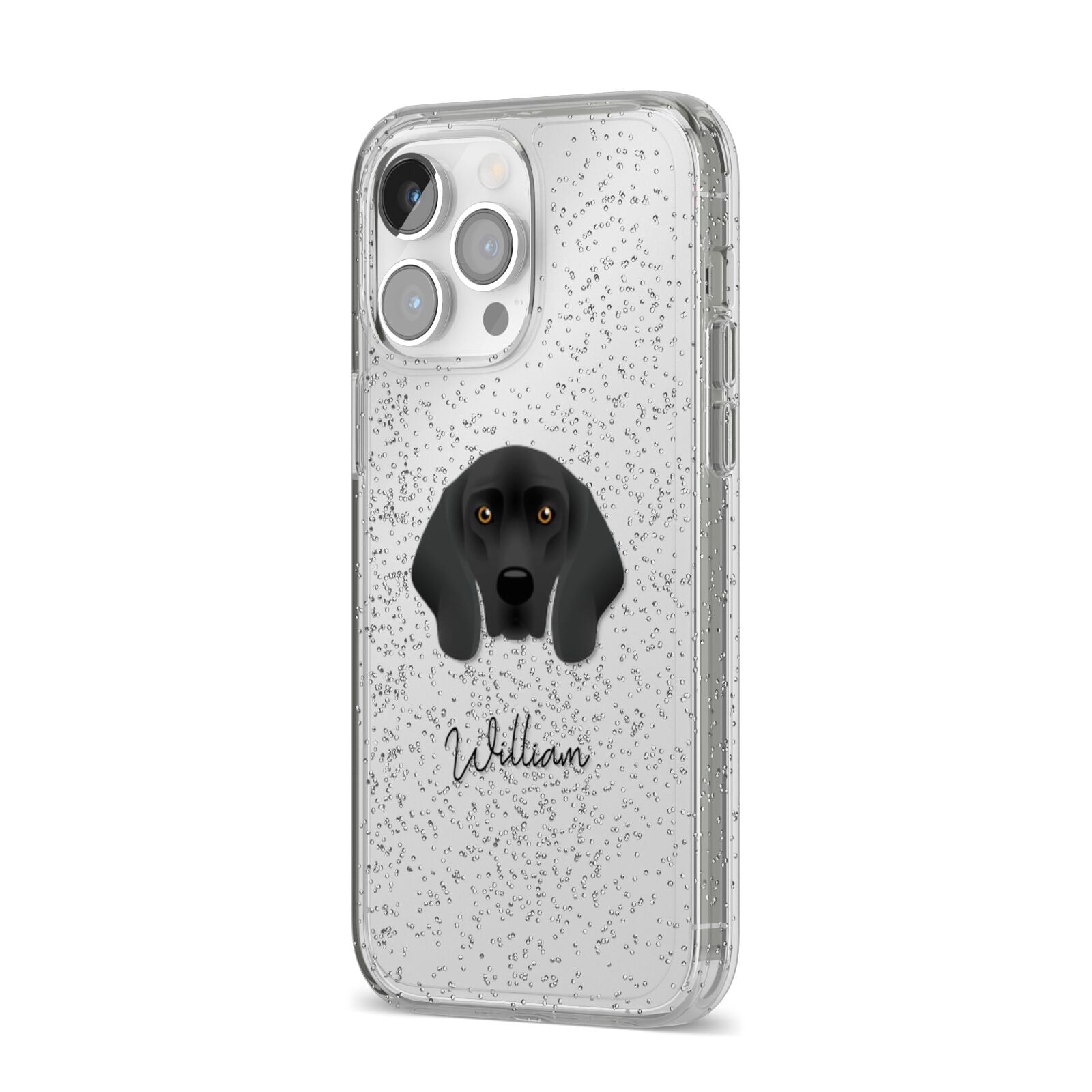 Bavarian Mountain Hound Personalised iPhone 14 Pro Max Glitter Tough Case Silver Angled Image