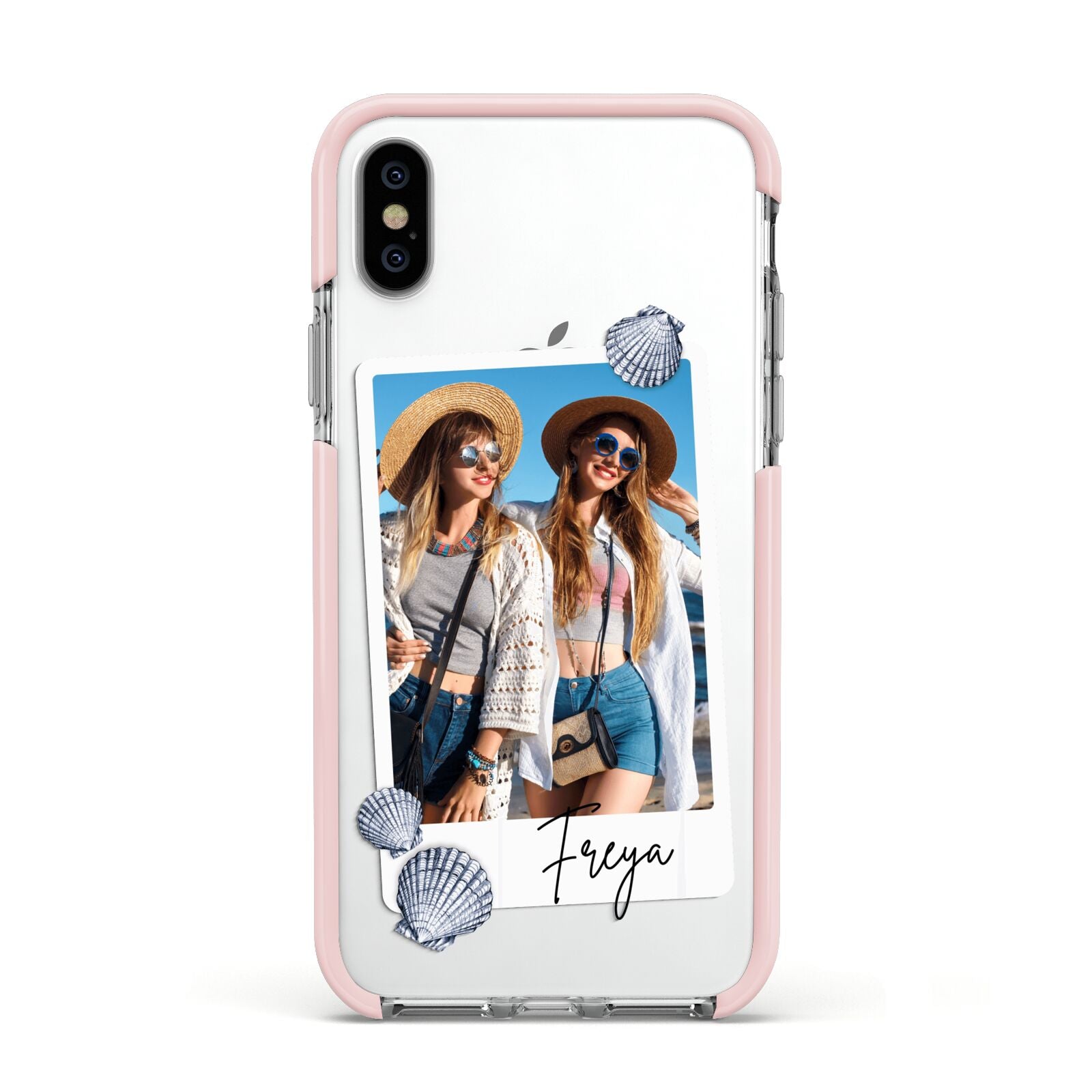 Beach Photo Apple iPhone Xs Impact Case Pink Edge on Silver Phone