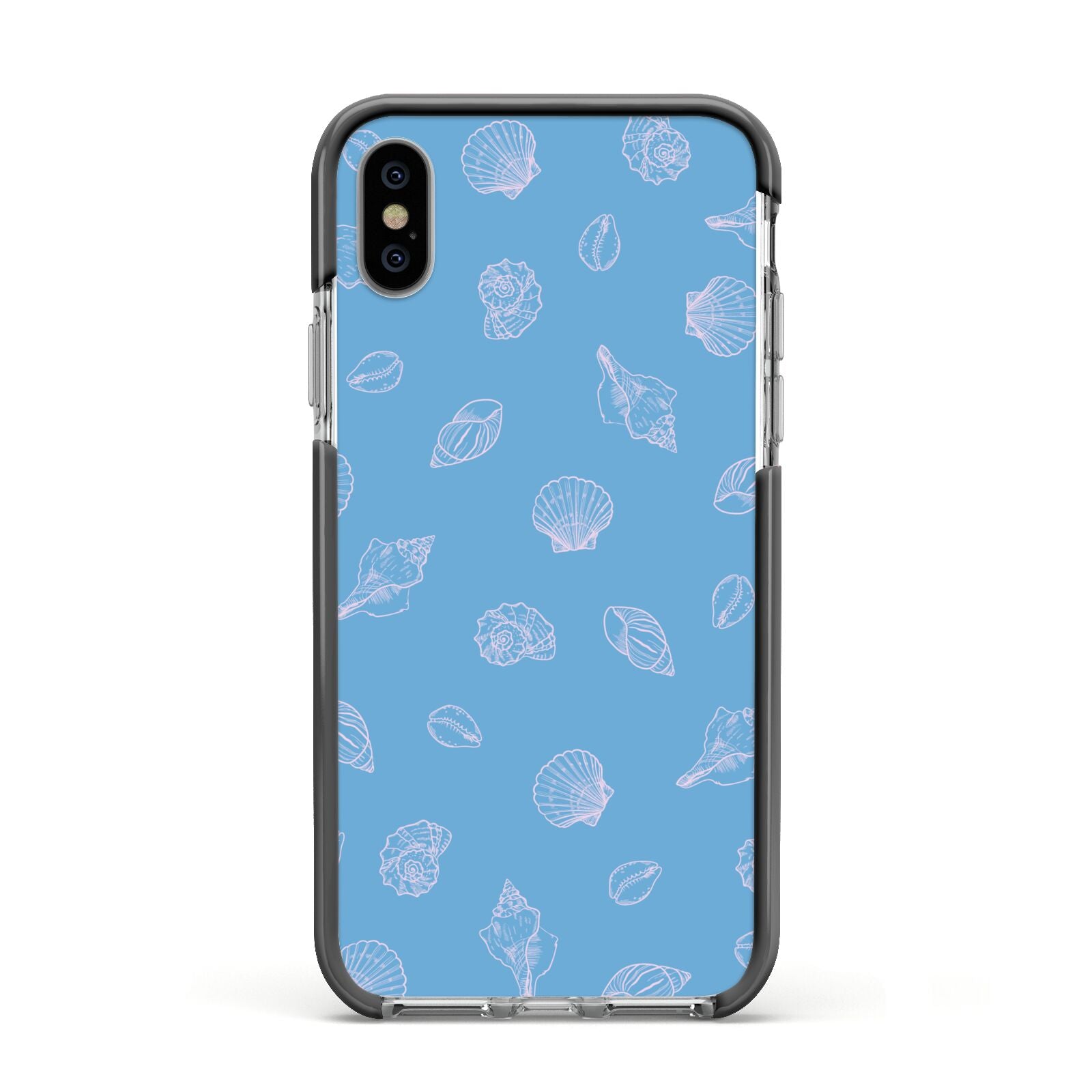 Beach Shell Apple iPhone Xs Impact Case Black Edge on Silver Phone