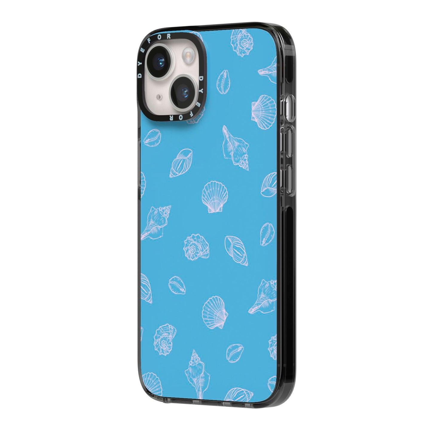 Beach Shell iPhone 14 Black Impact Case Side Angle on Silver phone