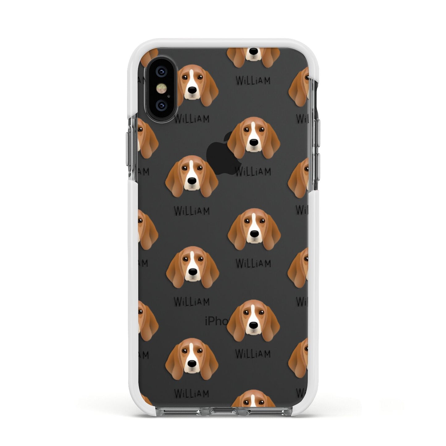 Beagle Icon with Name Apple iPhone Xs Impact Case White Edge on Black Phone