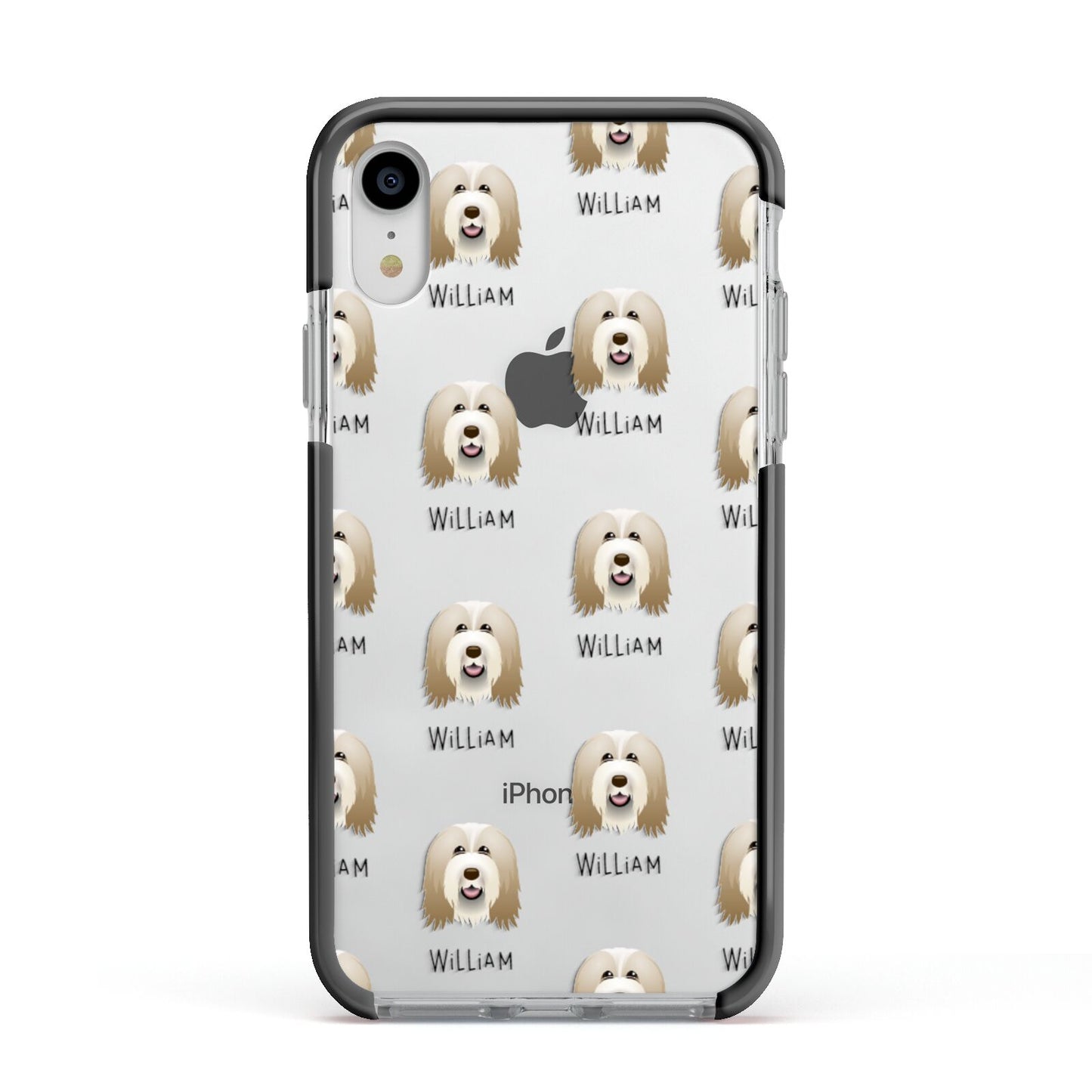 Bearded Collie Icon with Name Apple iPhone XR Impact Case Black Edge on Silver Phone