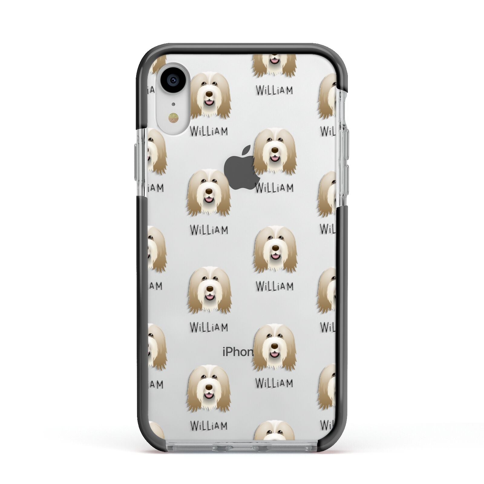 Bearded Collie Icon with Name Apple iPhone XR Impact Case Black Edge on Silver Phone