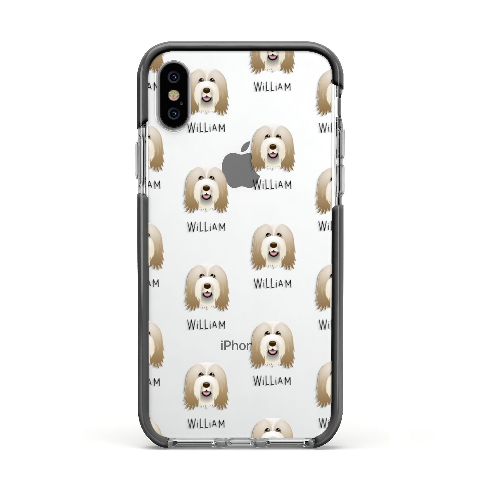 Bearded Collie Icon with Name Apple iPhone Xs Impact Case Black Edge on Silver Phone