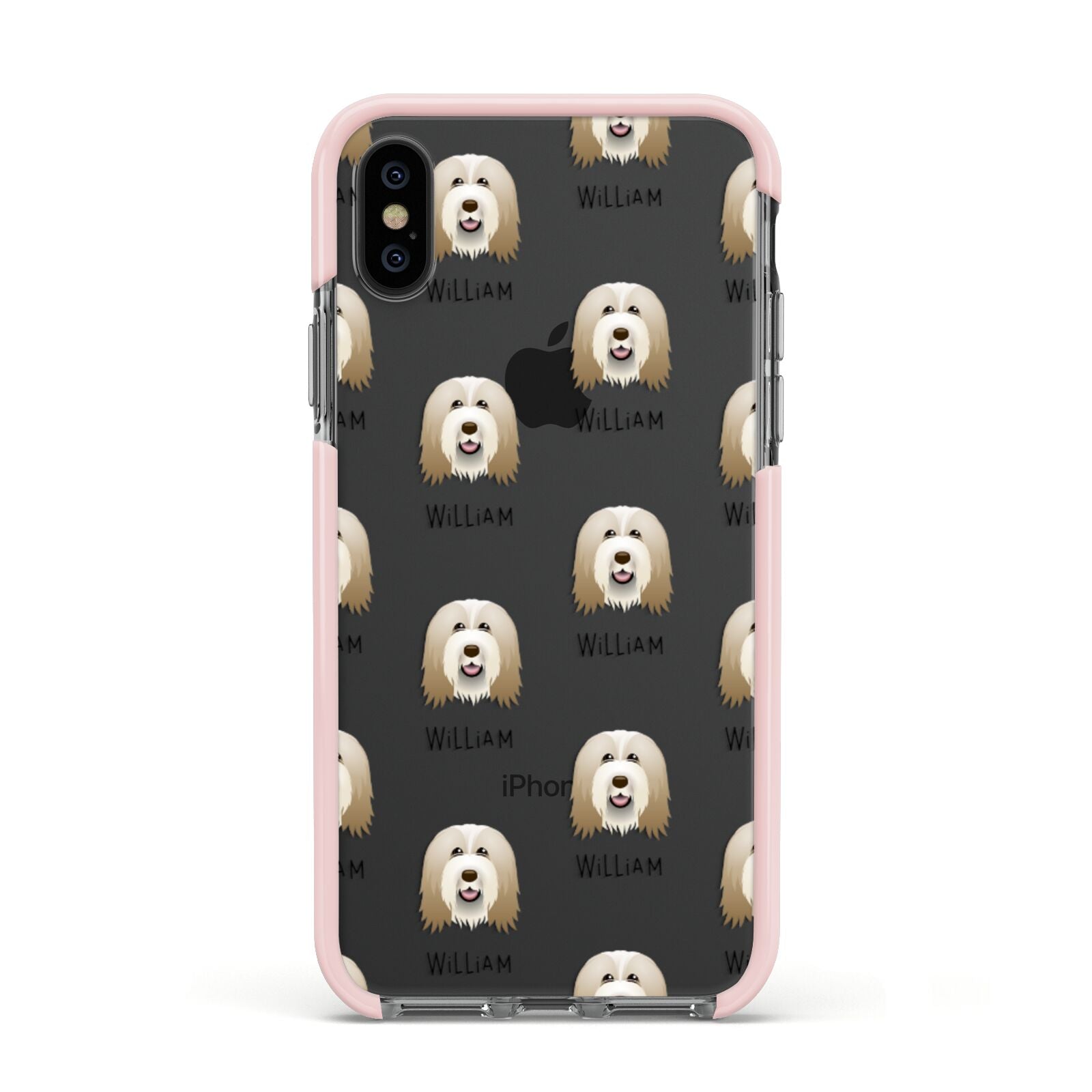 Bearded Collie Icon with Name Apple iPhone Xs Impact Case Pink Edge on Black Phone