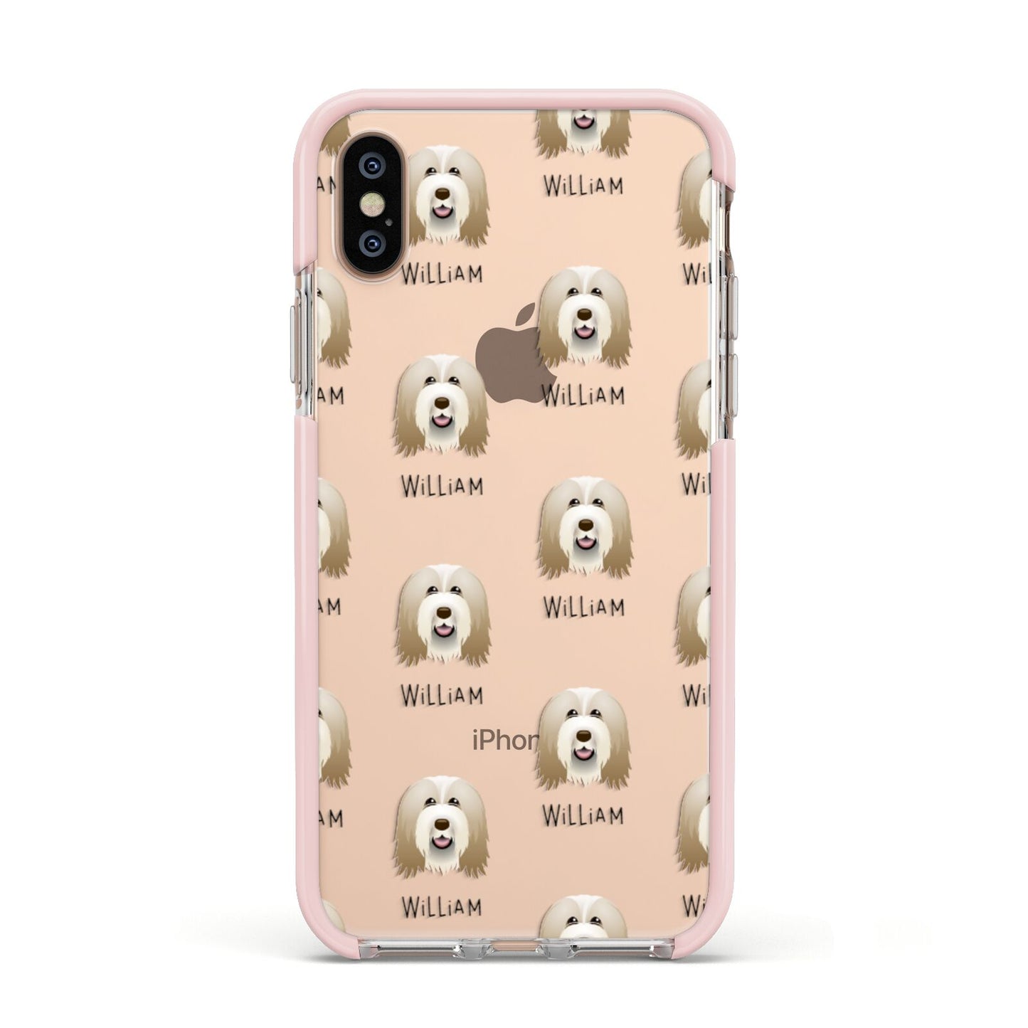 Bearded Collie Icon with Name Apple iPhone Xs Impact Case Pink Edge on Gold Phone