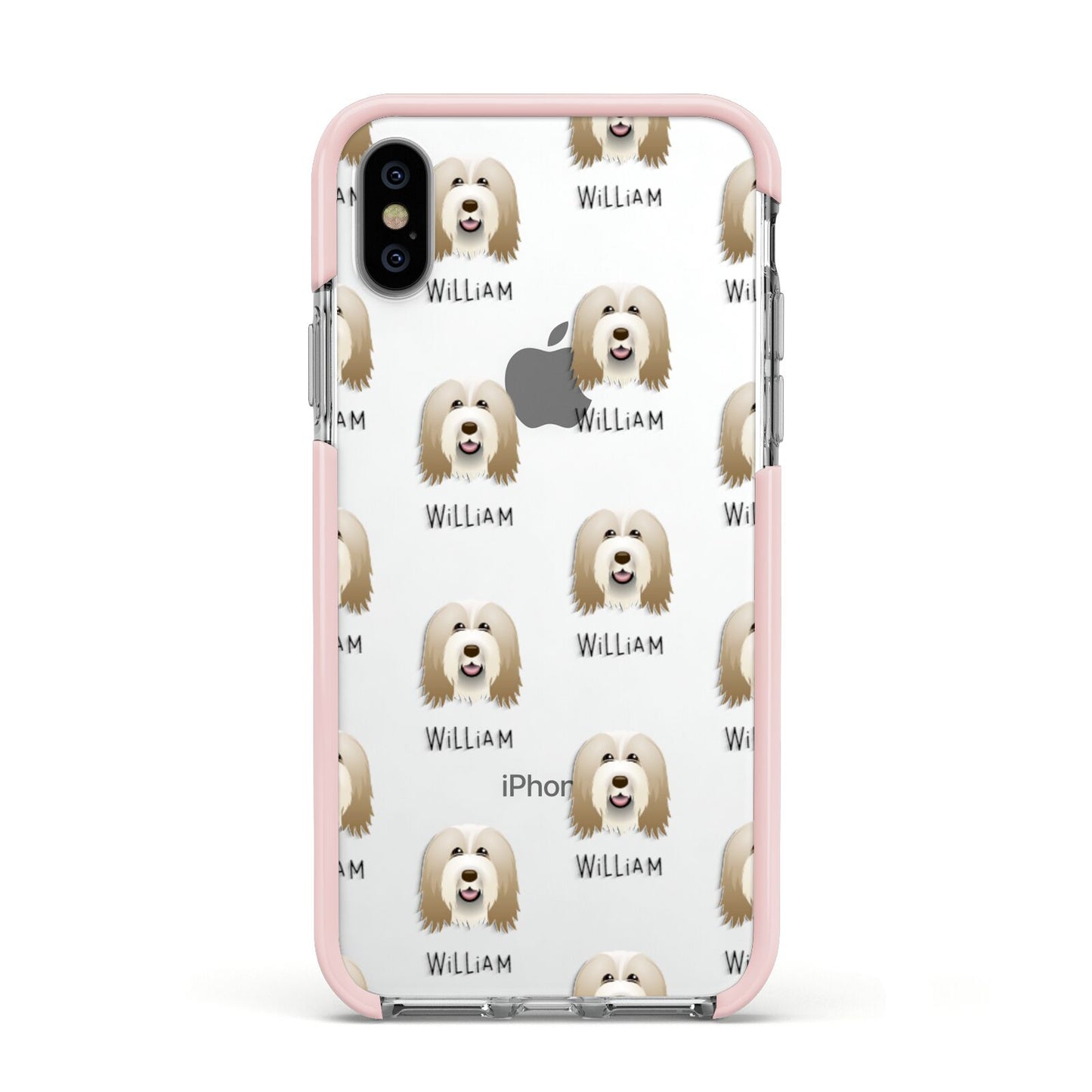 Bearded Collie Icon with Name Apple iPhone Xs Impact Case Pink Edge on Silver Phone