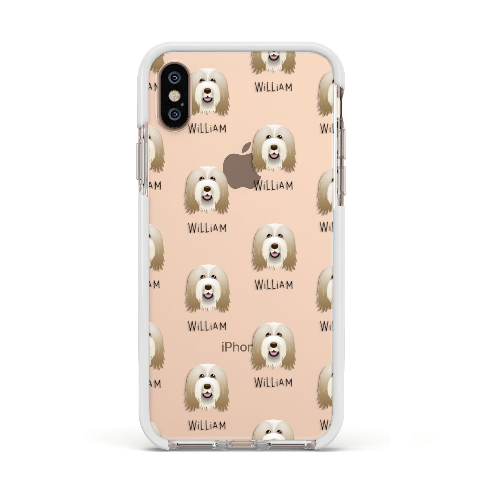 Bearded Collie Icon with Name Apple iPhone Xs Impact Case White Edge on Gold Phone