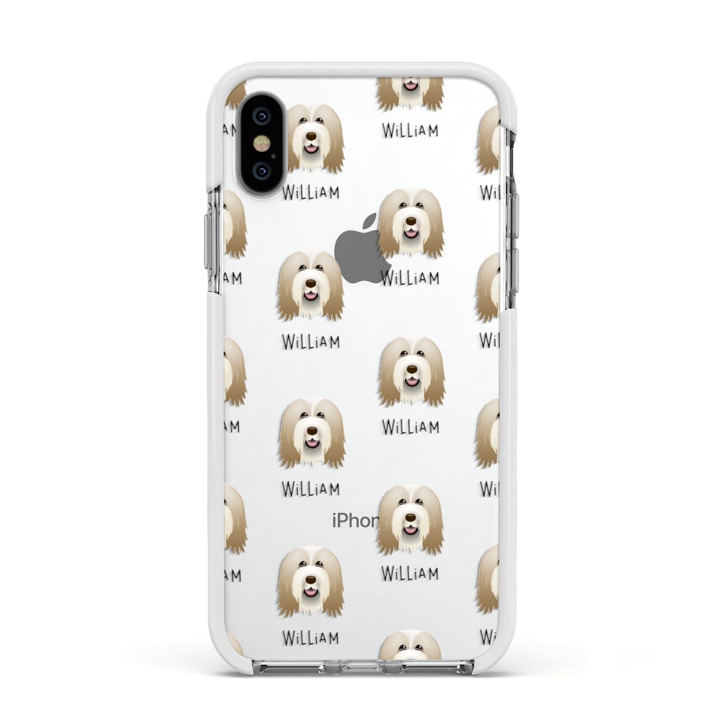 Bearded Collie Icon with Name Apple iPhone Xs Impact Case White Edge on Silver Phone