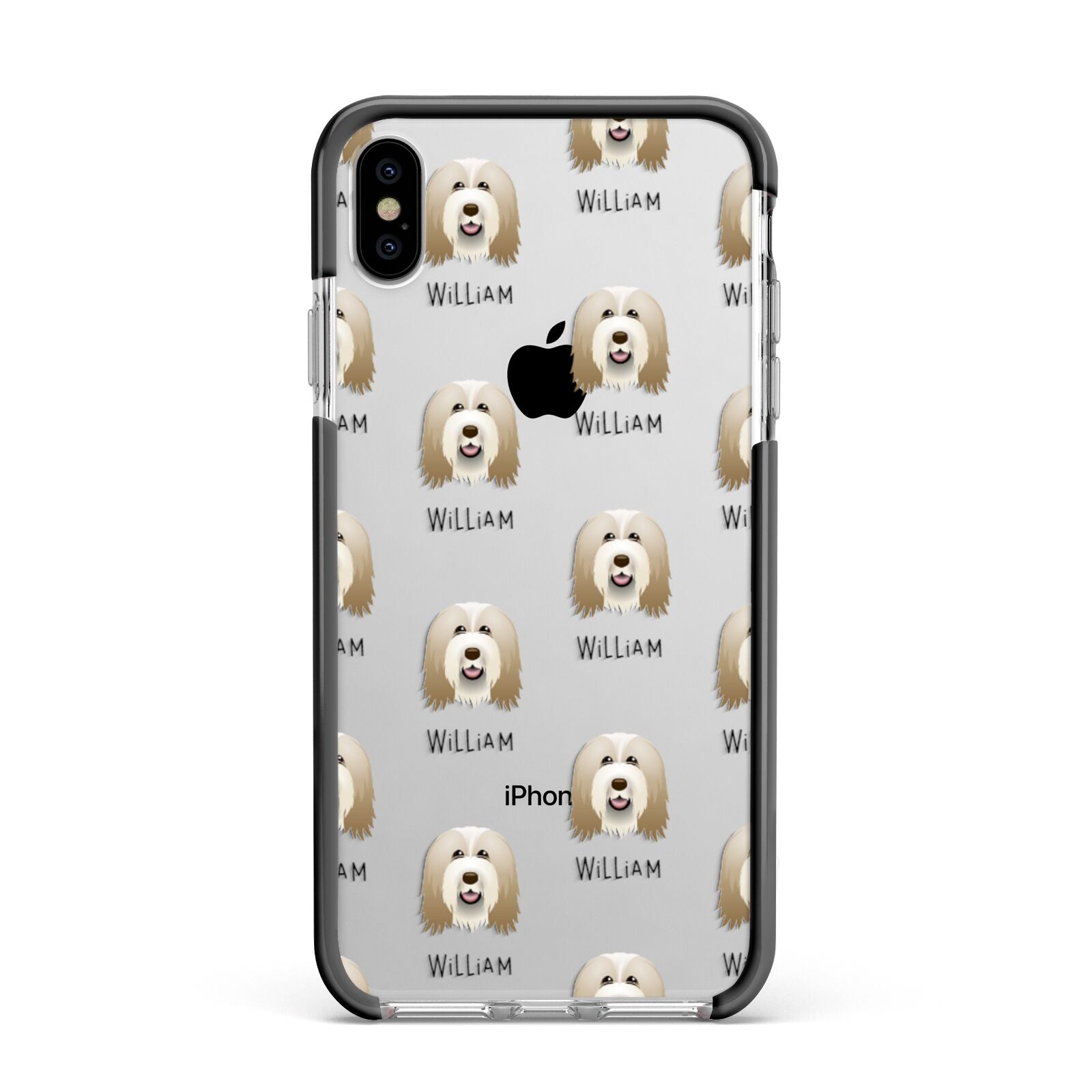 Bearded Collie Icon with Name Apple iPhone Xs Max Impact Case Black Edge on Silver Phone