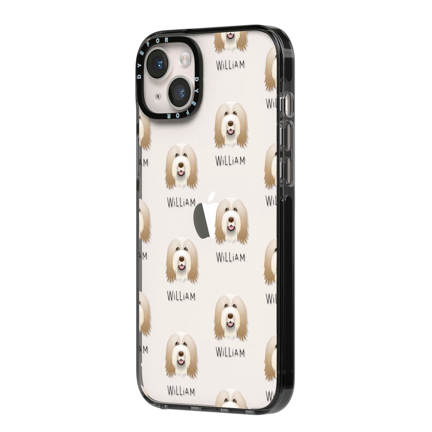 Bearded Collie Icon with Name iPhone 14 Plus Black Impact Case Side Angle on Silver phone