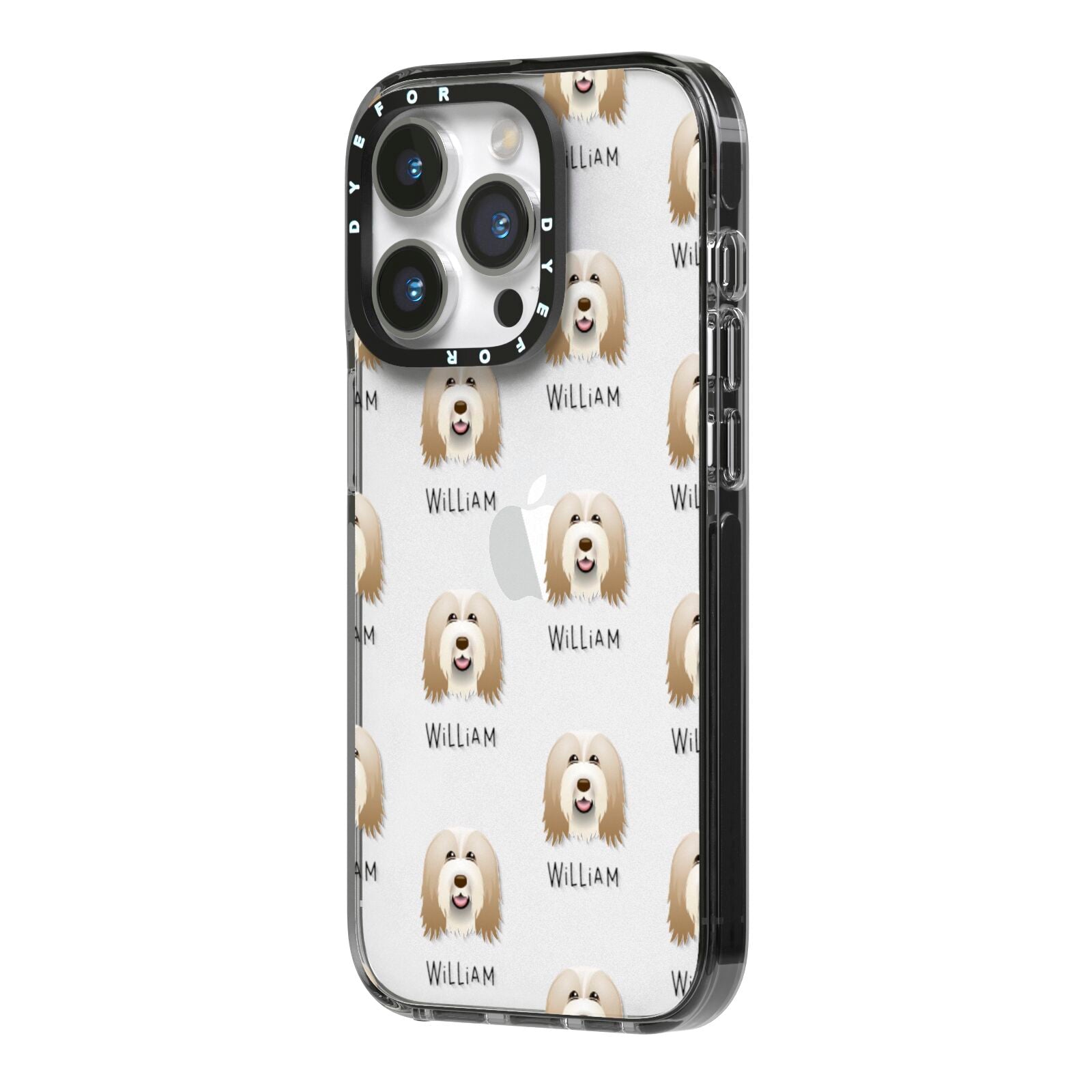 Bearded Collie Icon with Name iPhone 14 Pro Black Impact Case Side Angle on Silver phone