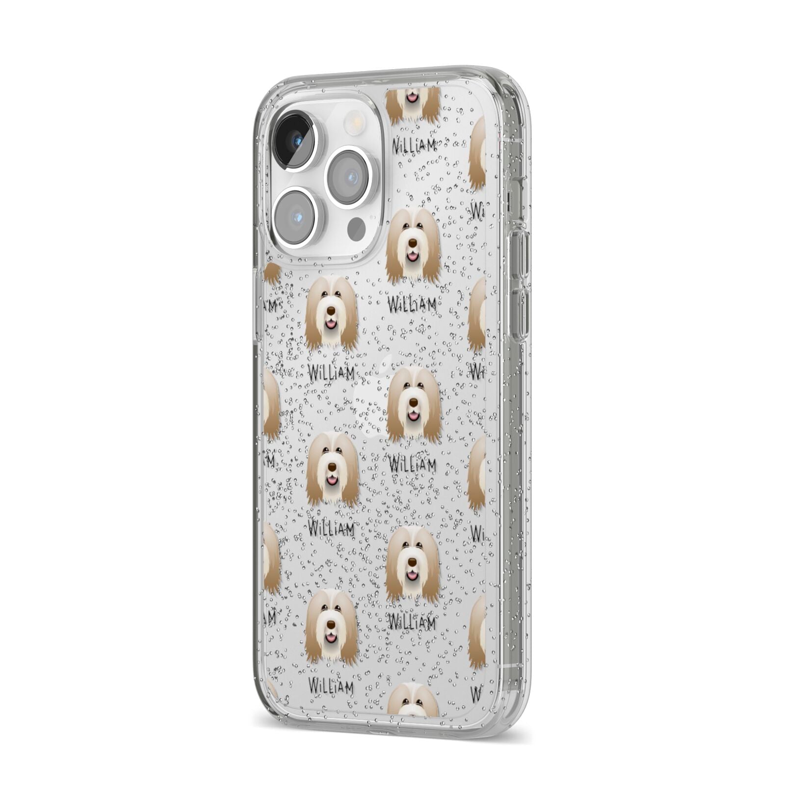 Bearded Collie Icon with Name iPhone 14 Pro Max Glitter Tough Case Silver Angled Image
