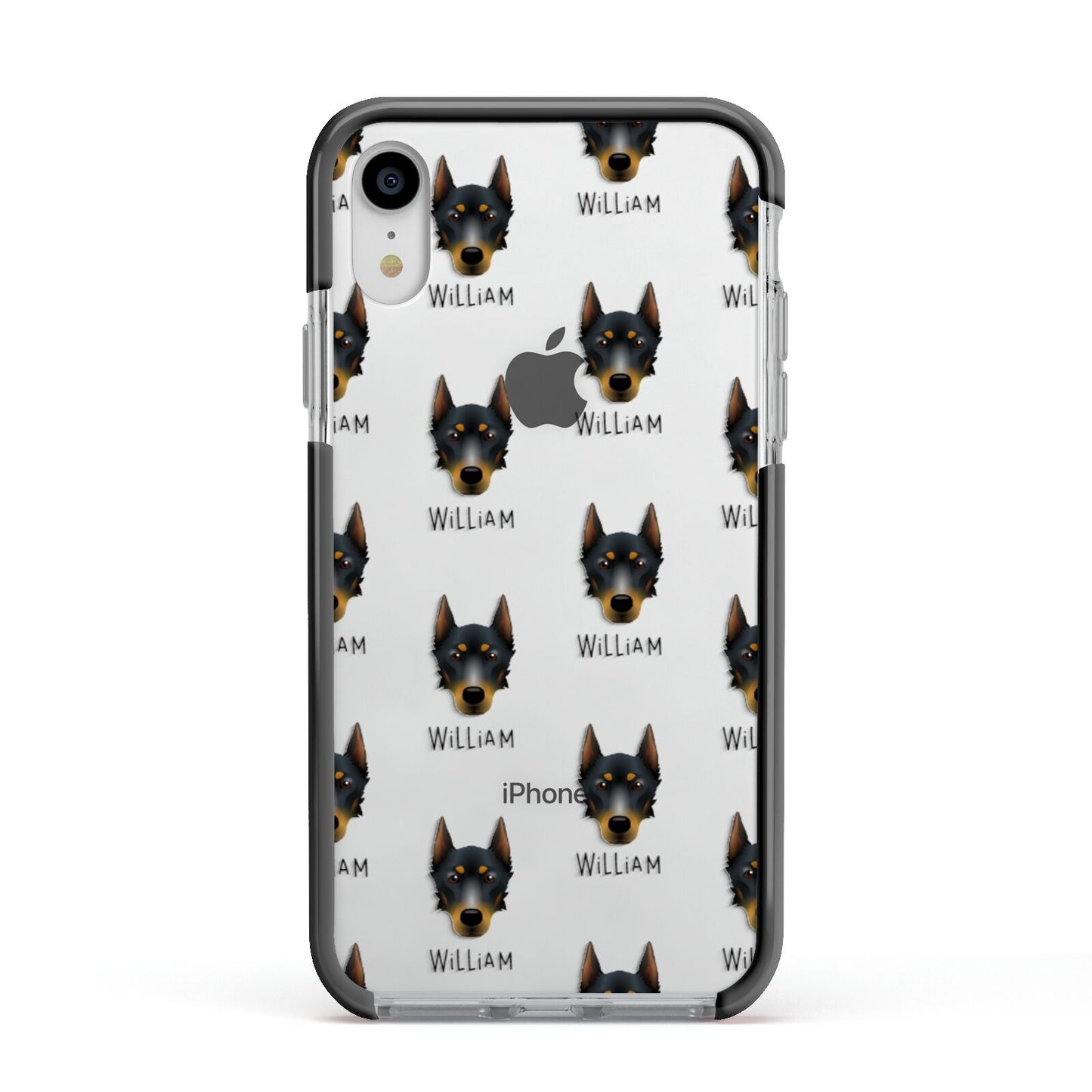 Beauceron Icon with Name Apple iPhone XR Impact Case Black Edge on Silver Phone
