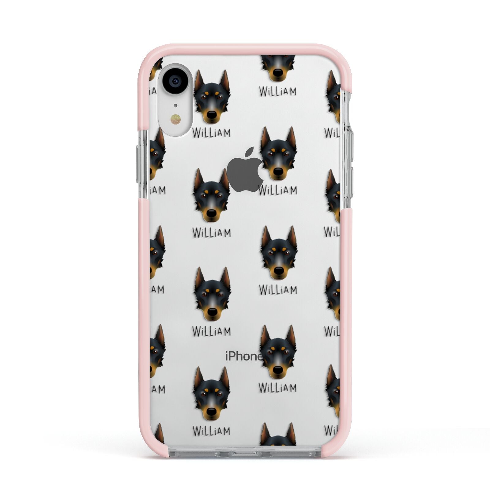 Beauceron Icon with Name Apple iPhone XR Impact Case Pink Edge on Silver Phone