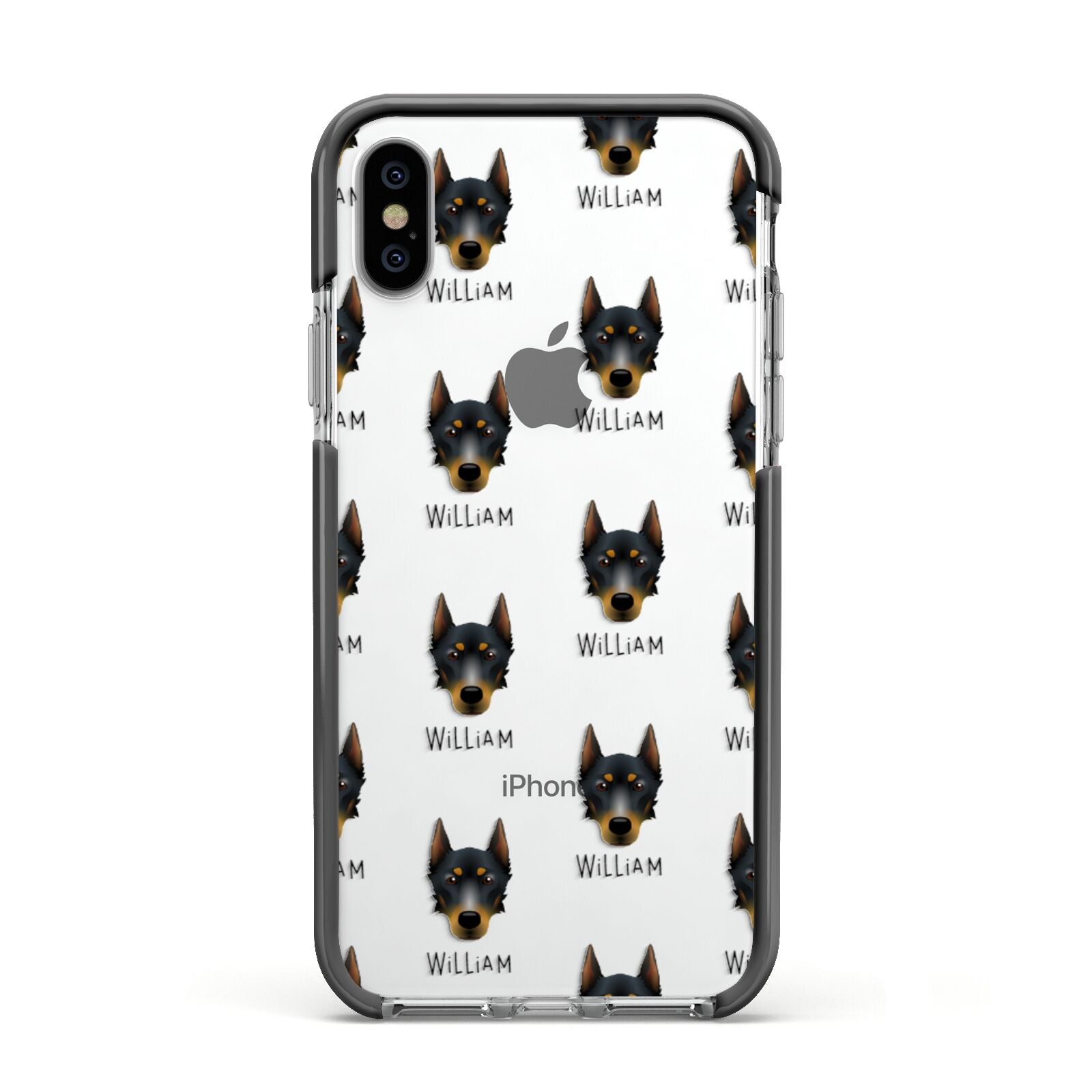 Beauceron Icon with Name Apple iPhone Xs Impact Case Black Edge on Silver Phone