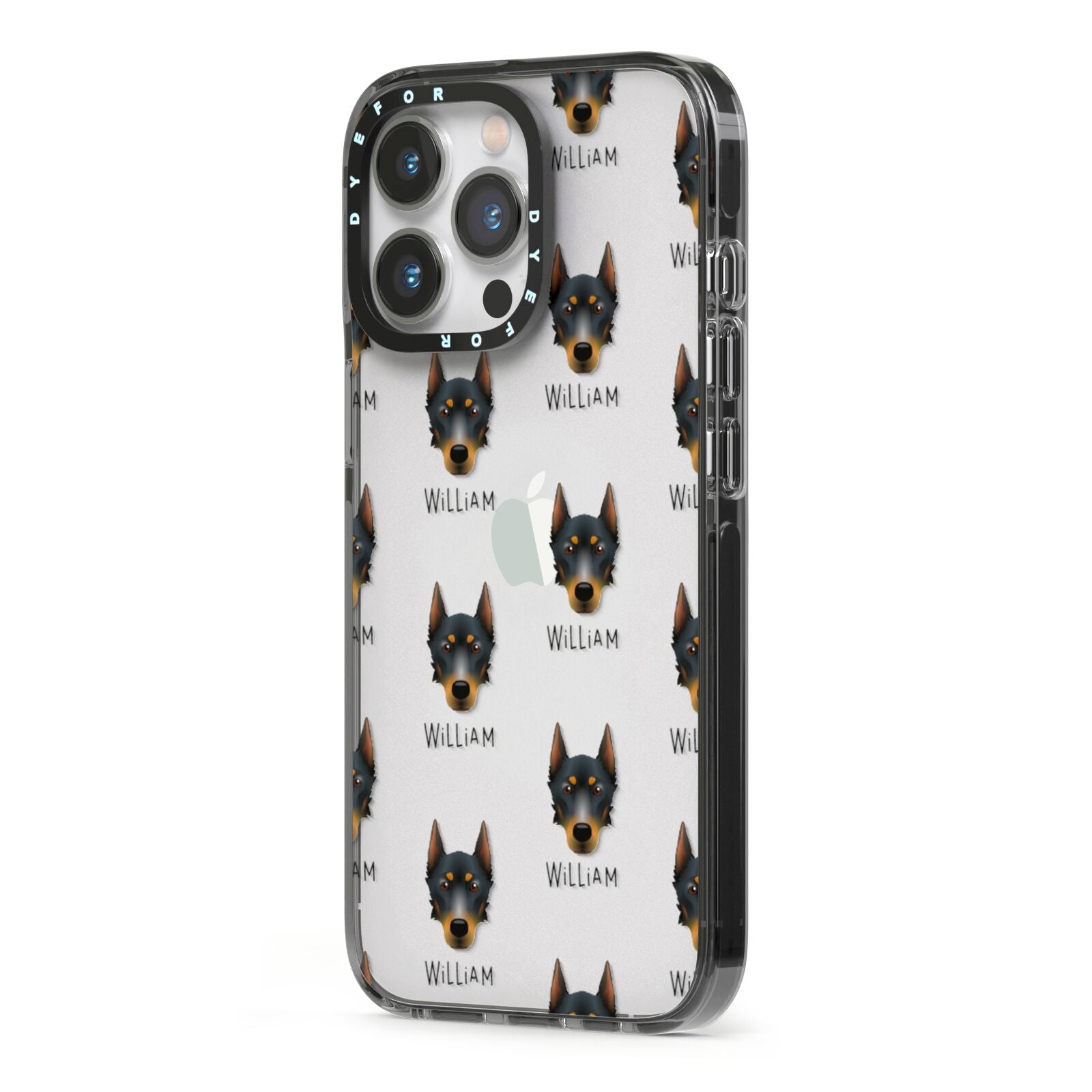 Beauceron Icon with Name iPhone 13 Pro Black Impact Case Side Angle on Silver phone
