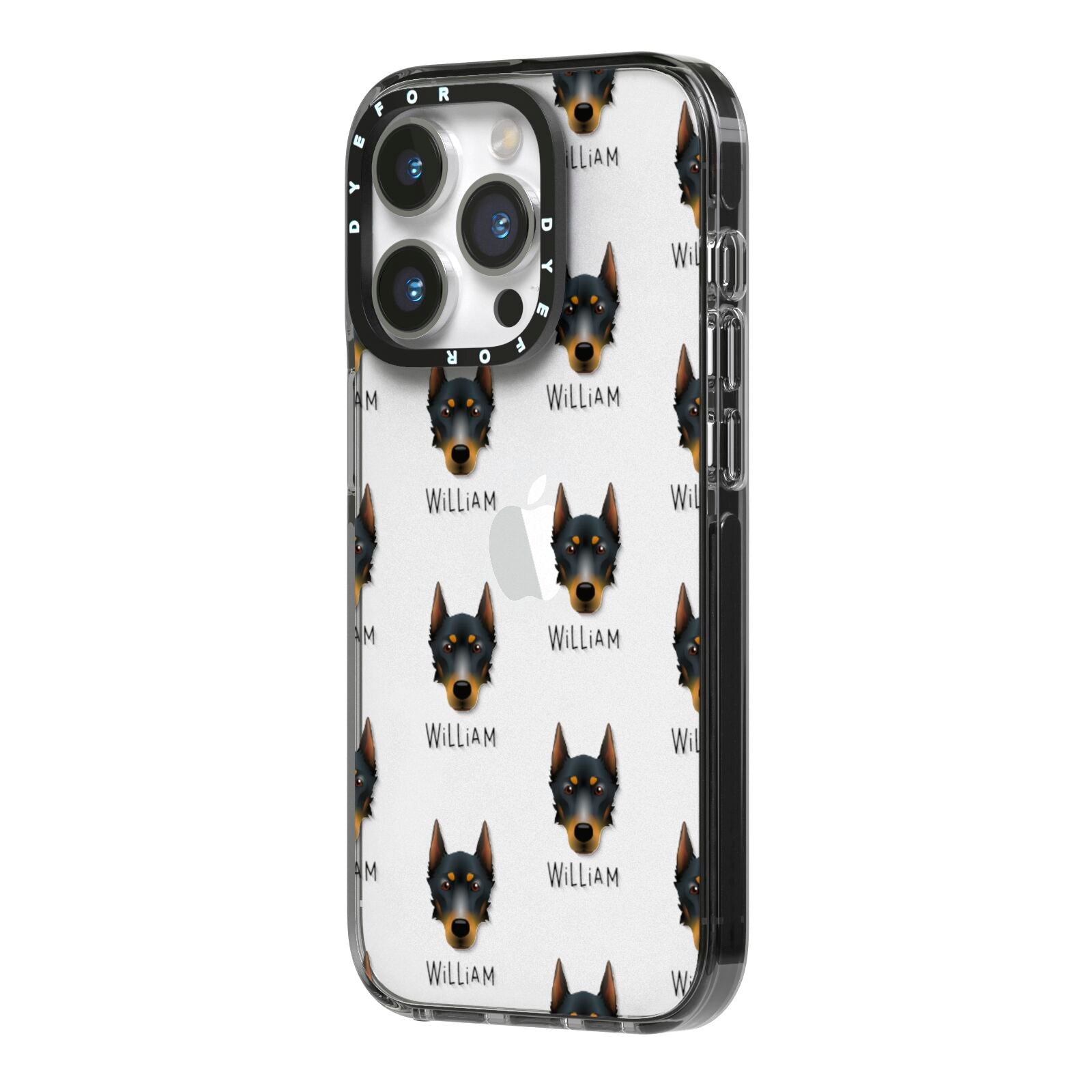 Beauceron Icon with Name iPhone 14 Pro Black Impact Case Side Angle on Silver phone