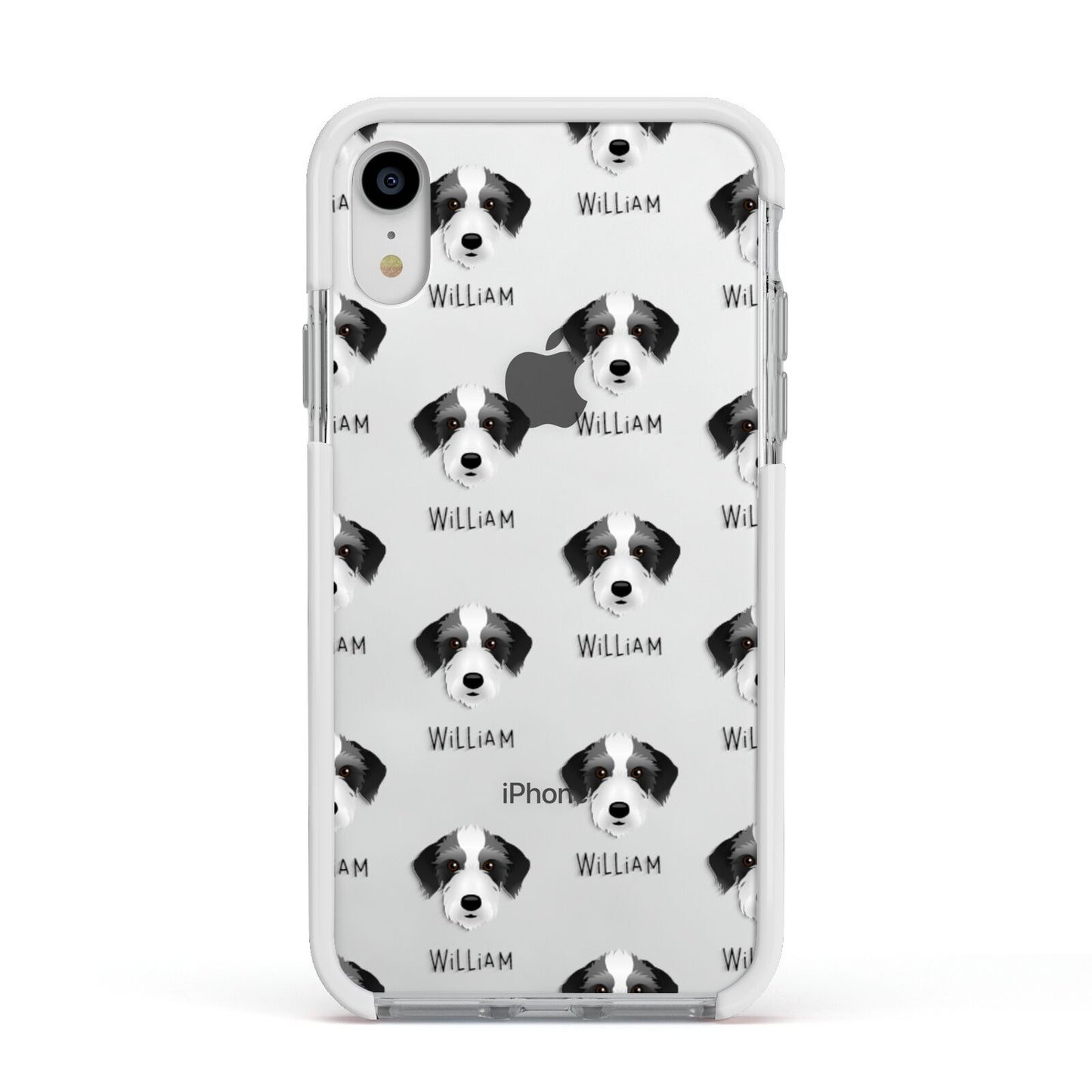 Bedlington Whippet Icon with Name Apple iPhone XR Impact Case White Edge on Silver Phone