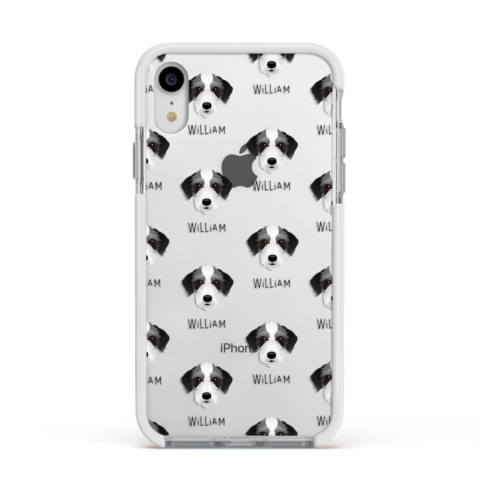 Bedlington Whippet Icon with Name Apple iPhone XR Impact Case White Edge on Silver Phone