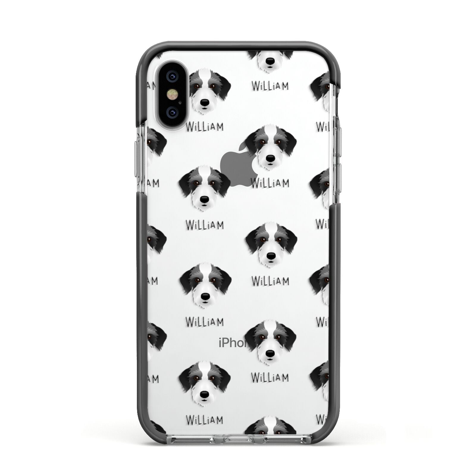 Bedlington Whippet Icon with Name Apple iPhone Xs Impact Case Black Edge on Silver Phone