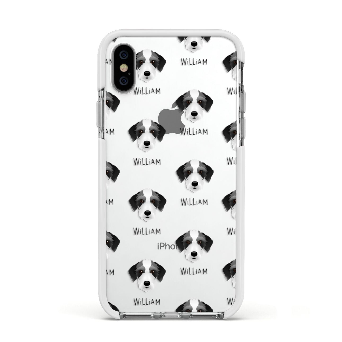 Bedlington Whippet Icon with Name Apple iPhone Xs Impact Case White Edge on Silver Phone